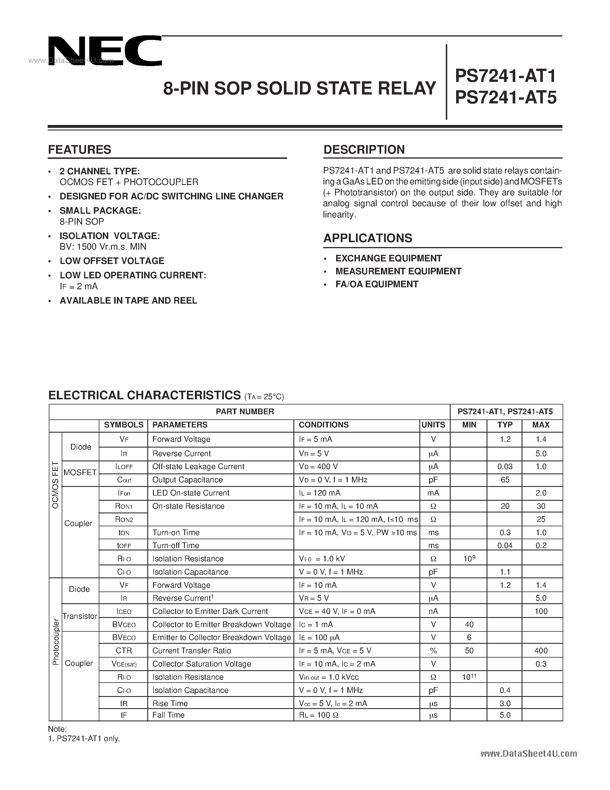 Datasheet PS7241-AT1 - 8-PIN SOP SOLID STATE RELAY page 1