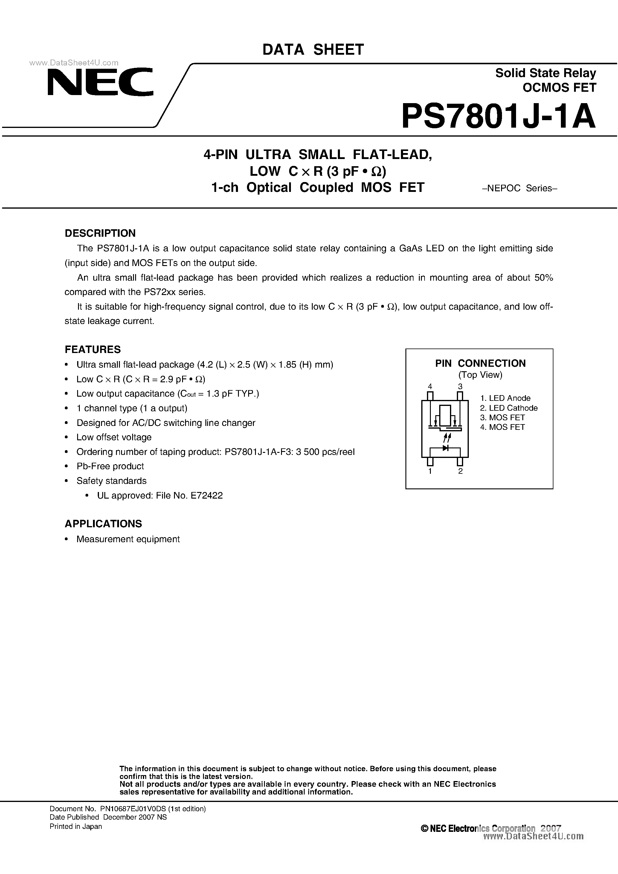Datasheet PS7801J-1A - 1-ch Optical Coupled MOS FET page 1