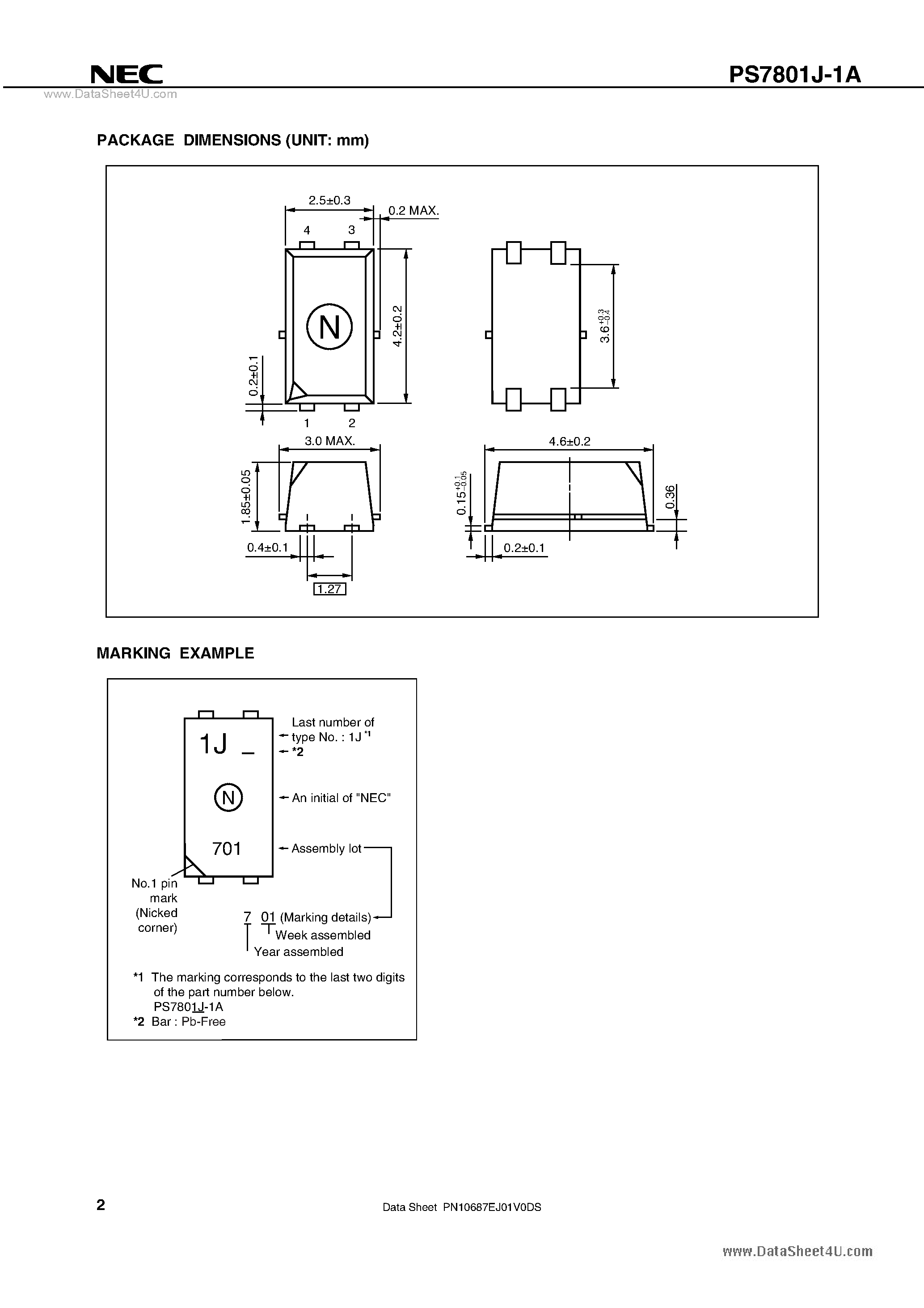 Datasheet PS7801J-1A - 1-ch Optical Coupled MOS FET page 2
