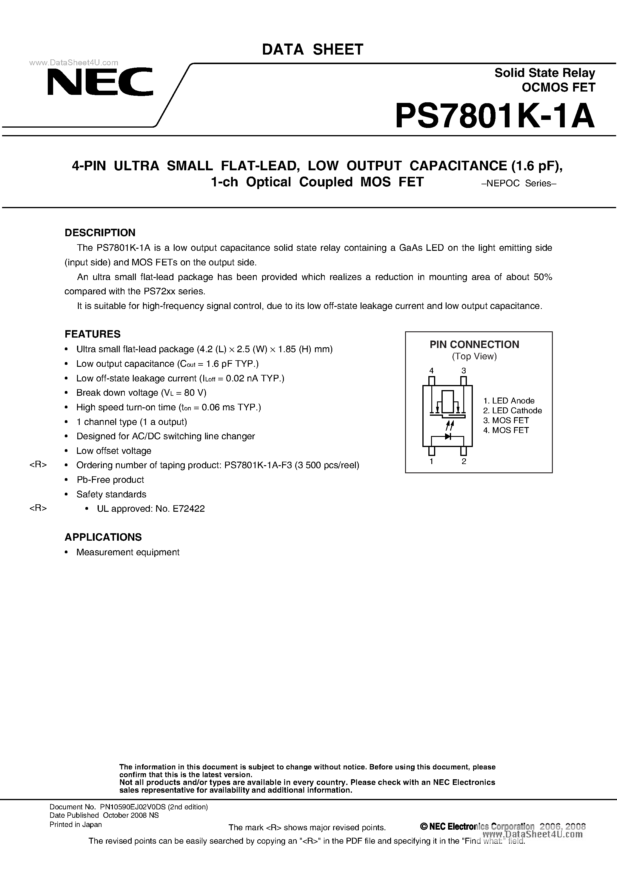 Datasheet PS7801K-1A - 1-ch Optical Coupled MOS FET page 1