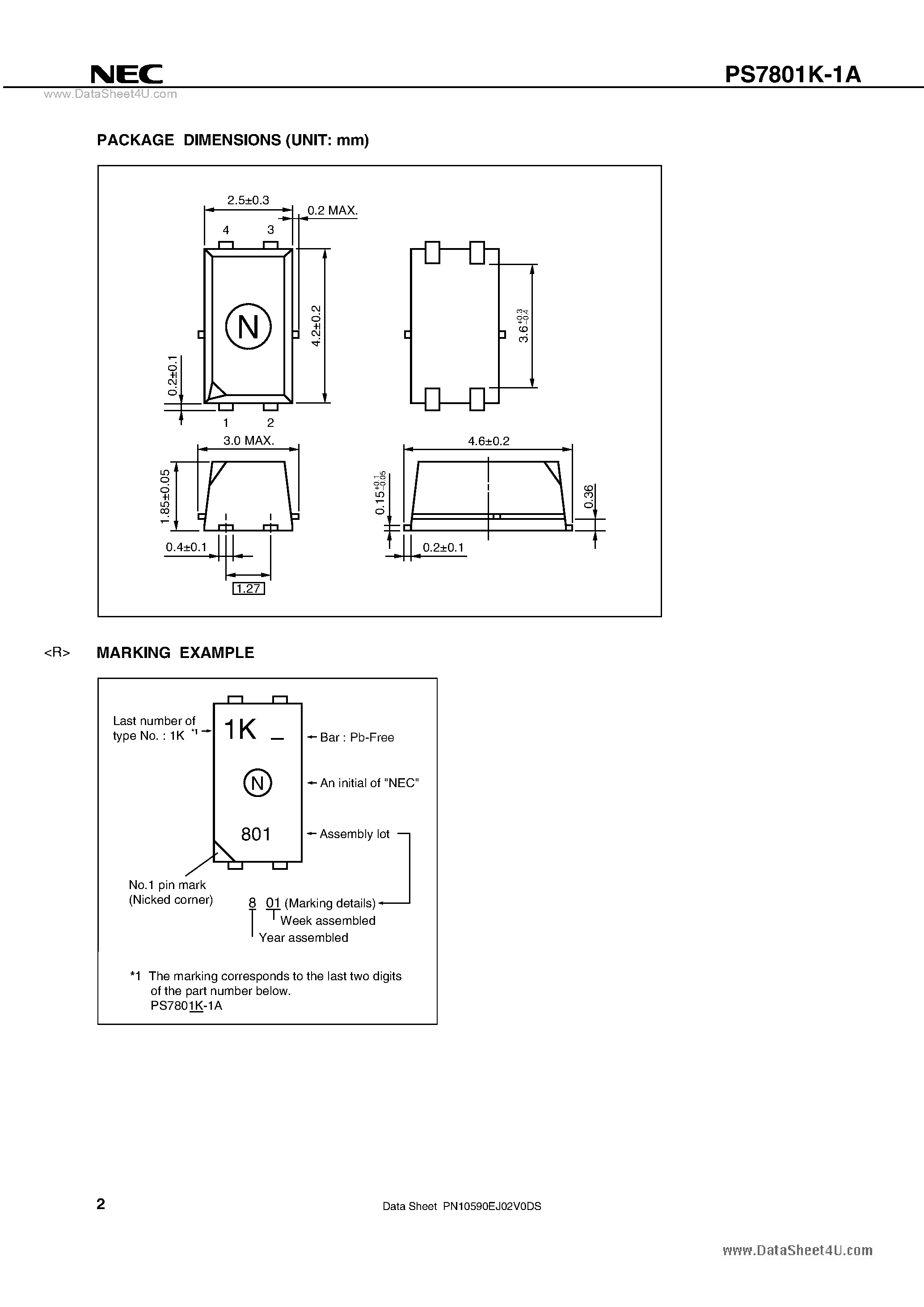 Datasheet PS7801K-1A - 1-ch Optical Coupled MOS FET page 2
