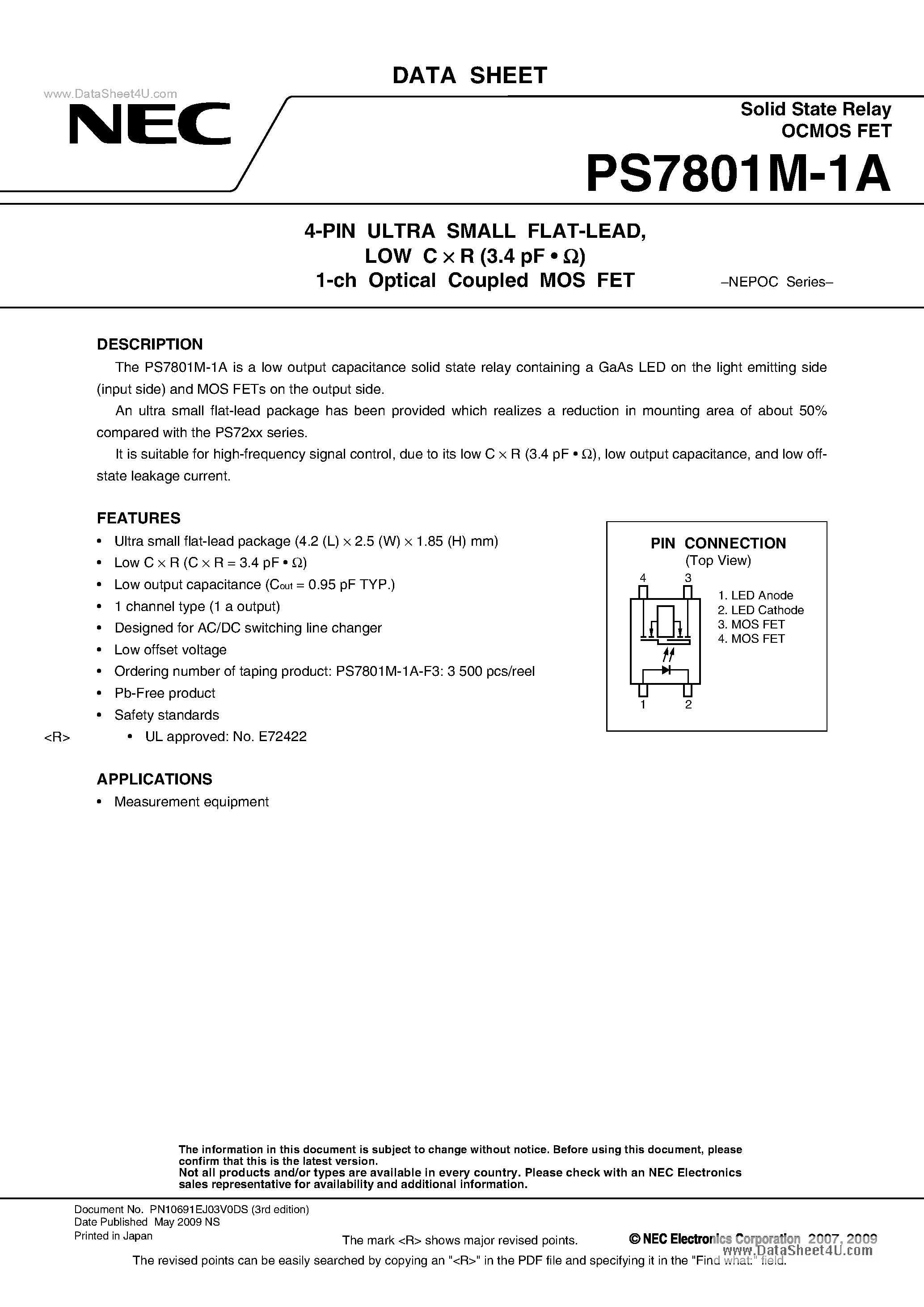 Datasheet PS7801M-1A page 1 Datasheet PS7801M-1A - 1-ch Optical Coupled MOS FET page 1