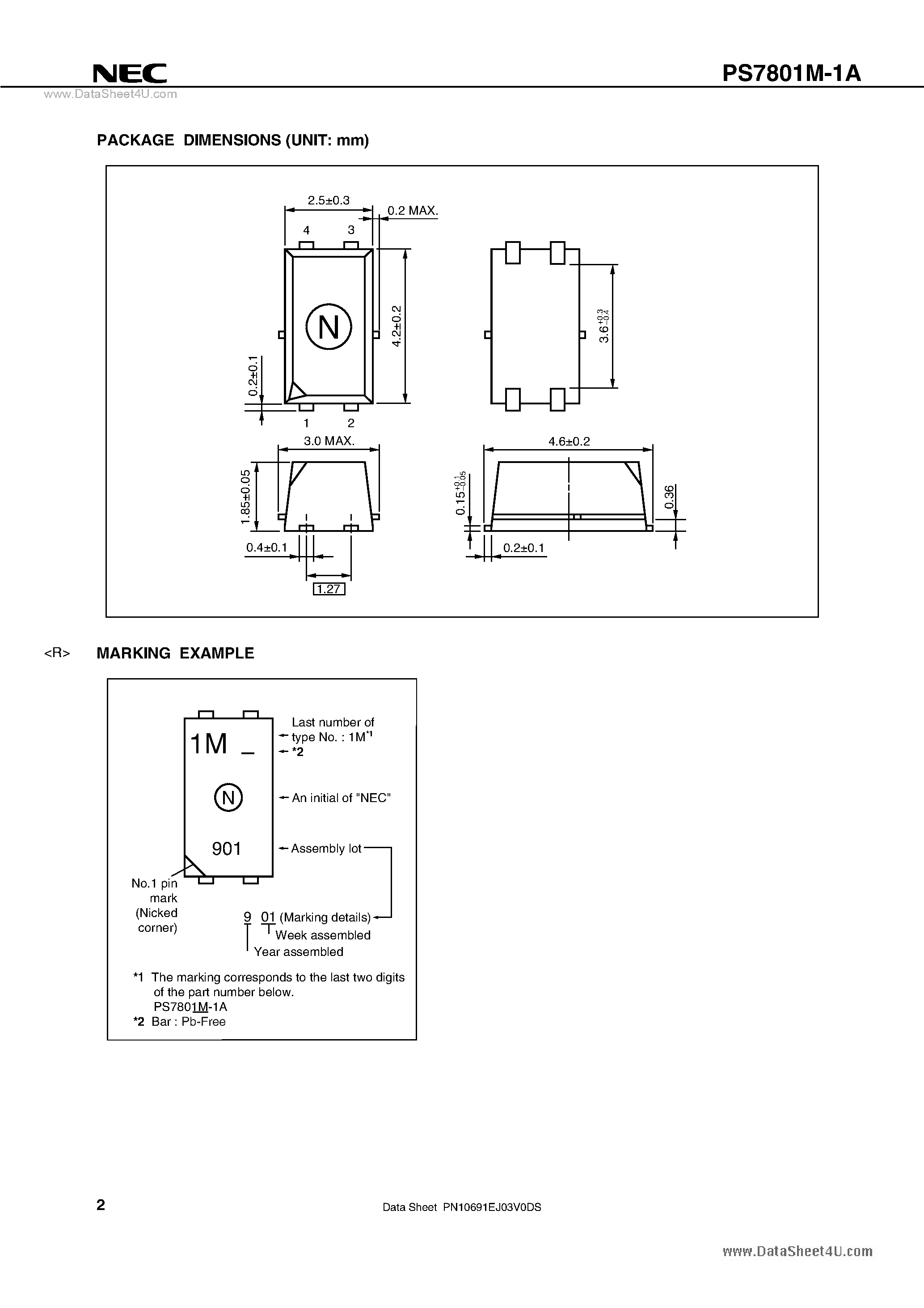 Datasheet PS7801M-1A page 2 Datasheet PS7801M-1A - 1-ch Optical Coupled MOS FET page 2