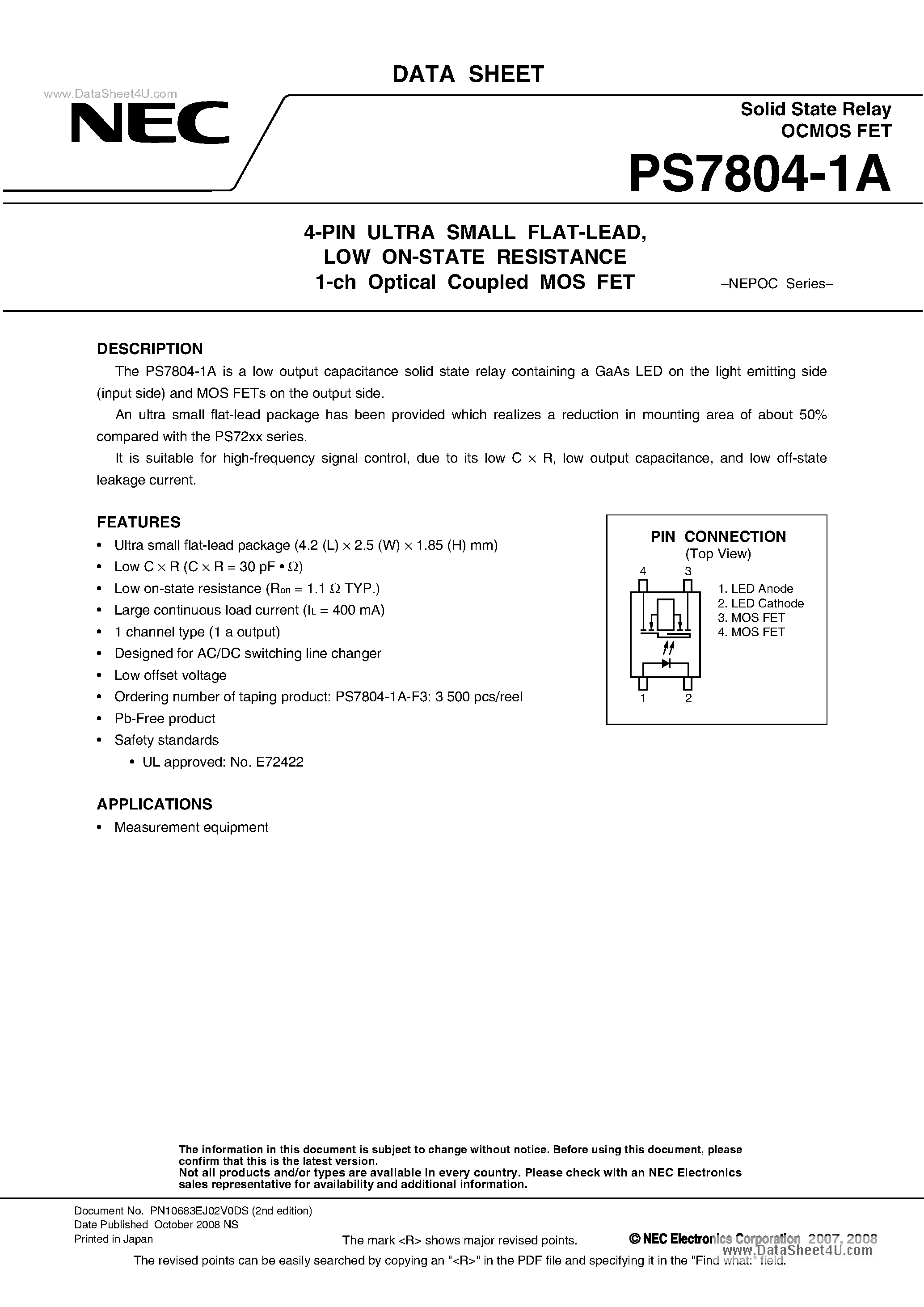 Datasheet PS7804-1A page 1 Datasheet PS7804-1A - 1-ch Optical Coupled MOS FET page 1