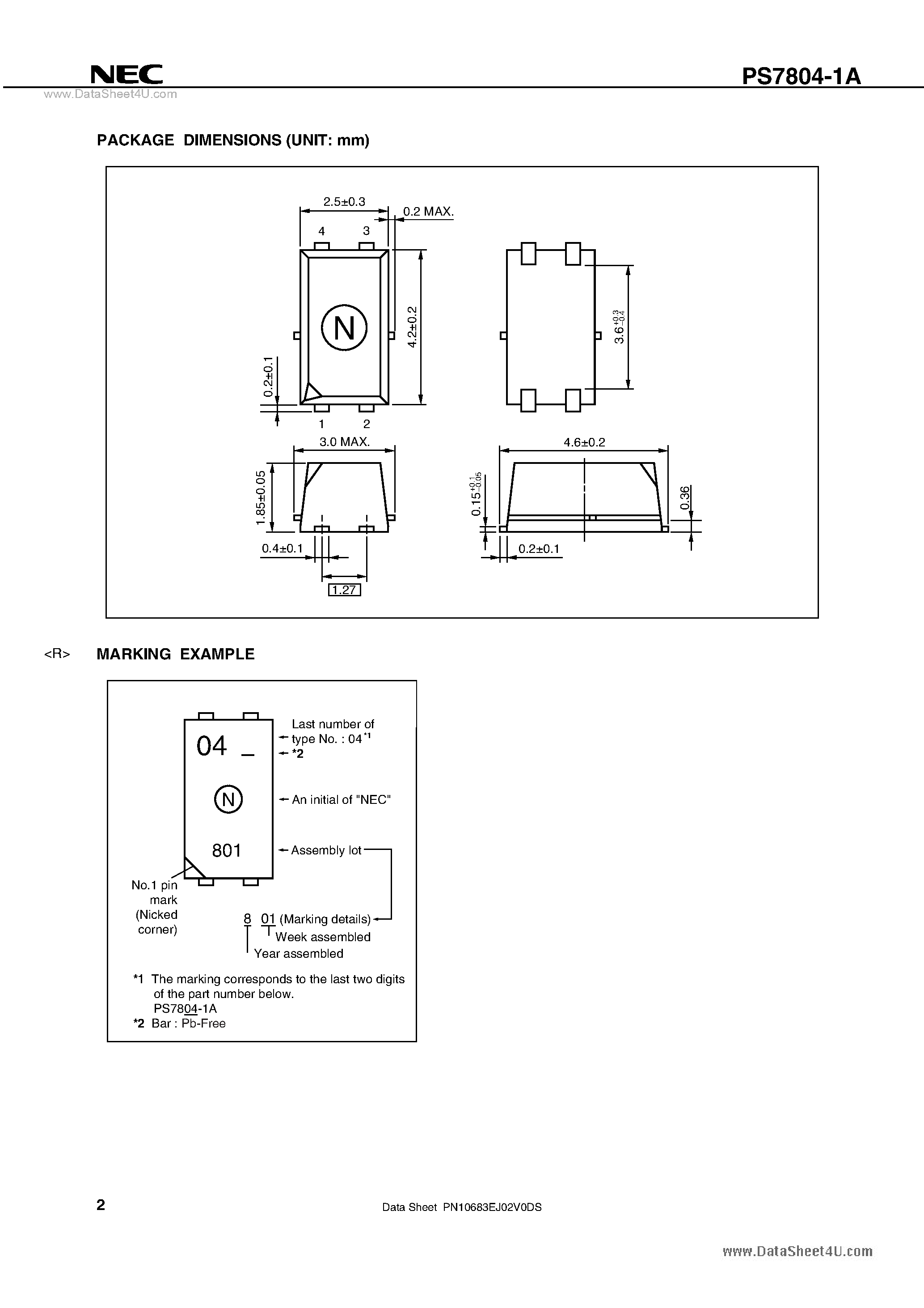 Datasheet PS7804-1A page 2 Datasheet PS7804-1A - 1-ch Optical Coupled MOS FET page 2