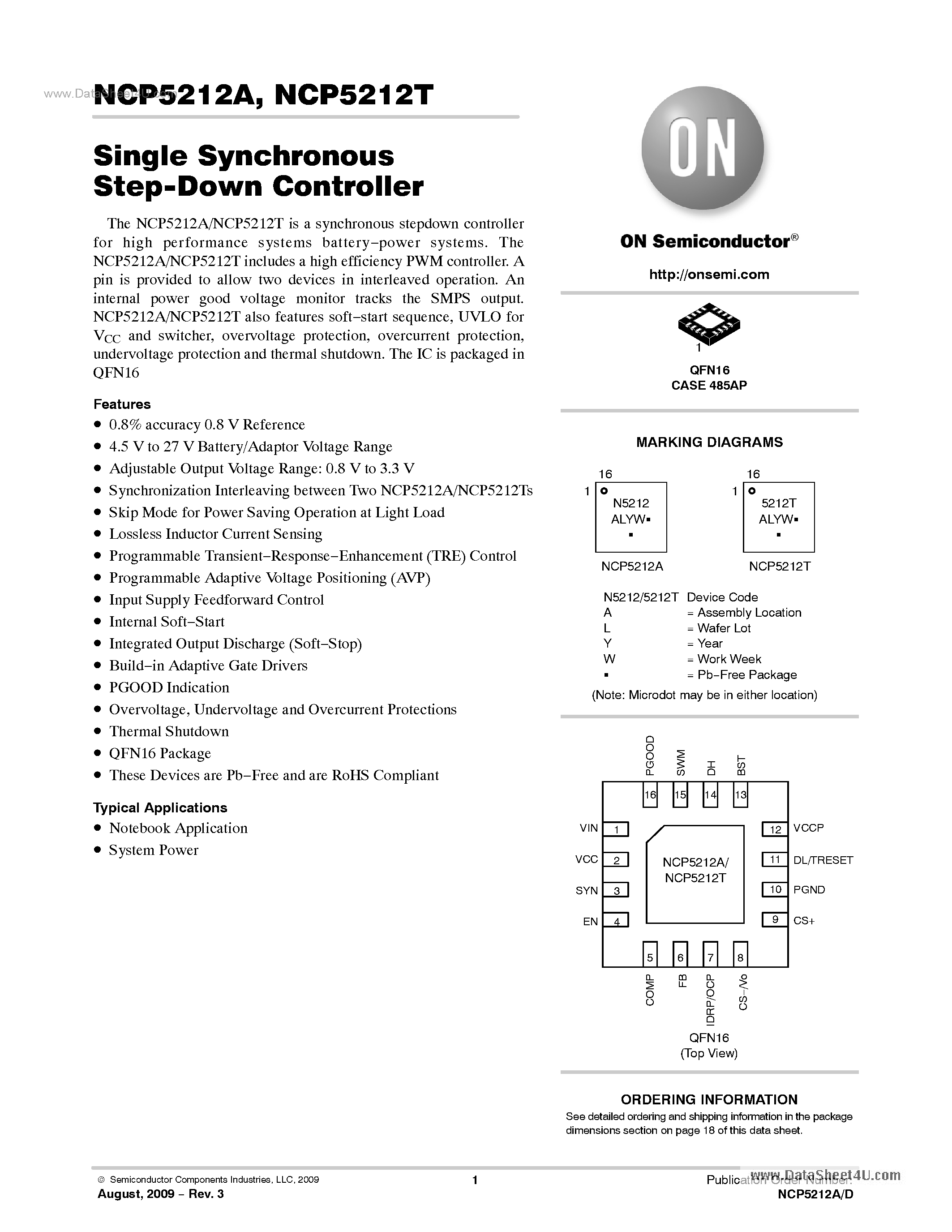 Datasheet NCP5212T page 1 Datasheet NCP5212T - Single Synchronous Step-Down Controller page 1
