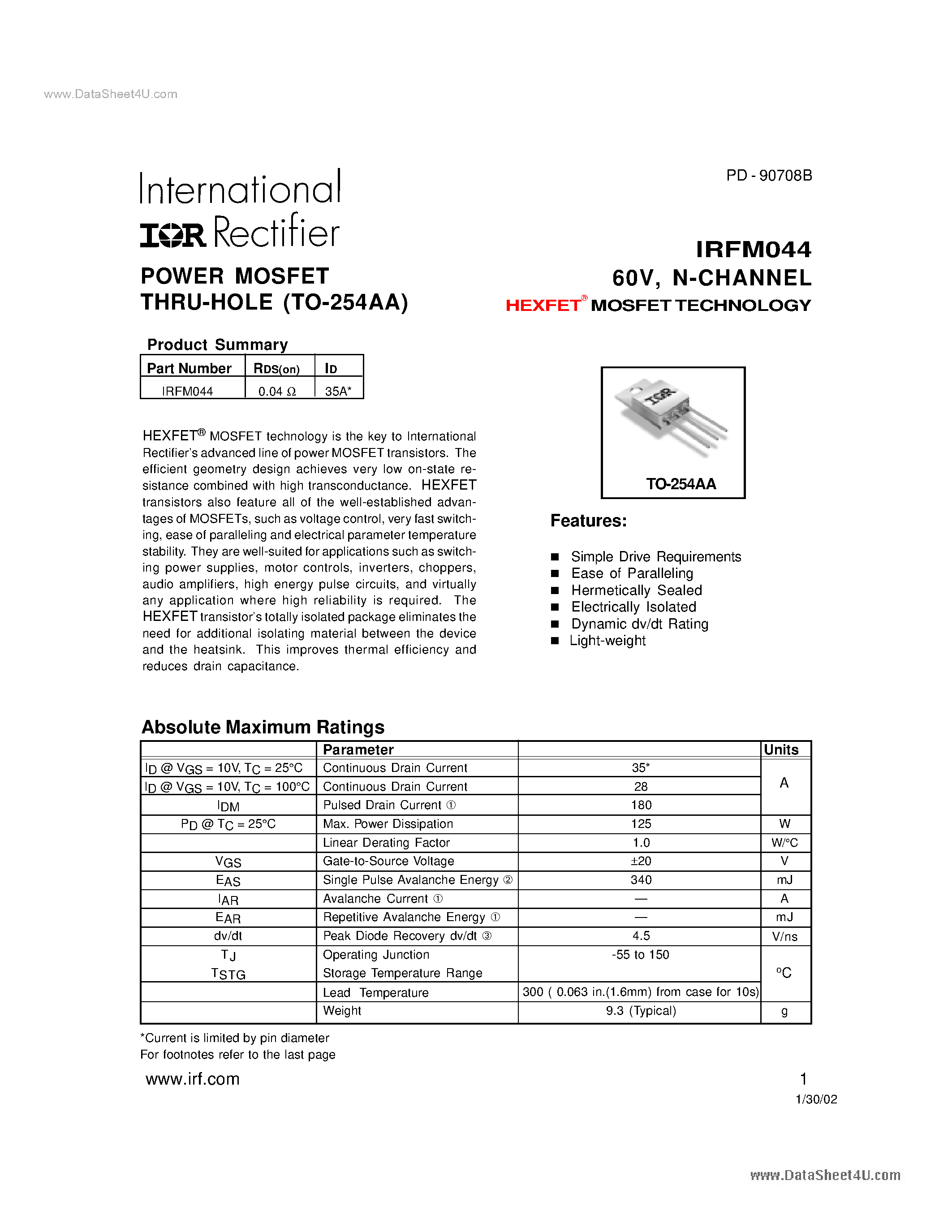 Datasheet IRFM044 - N-CHANNEL page 1