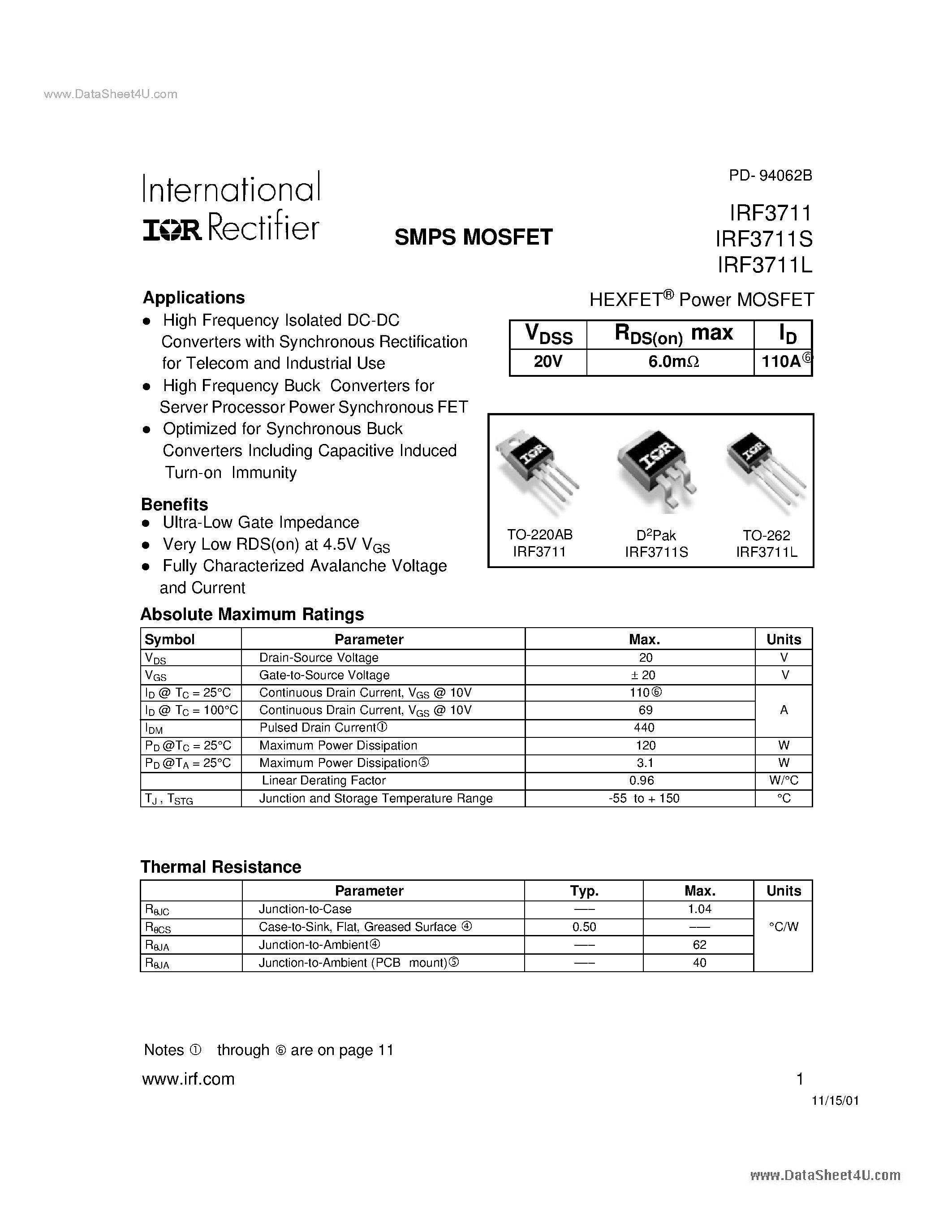 Datasheet F3711S - Search -----> IRF3711S page 1