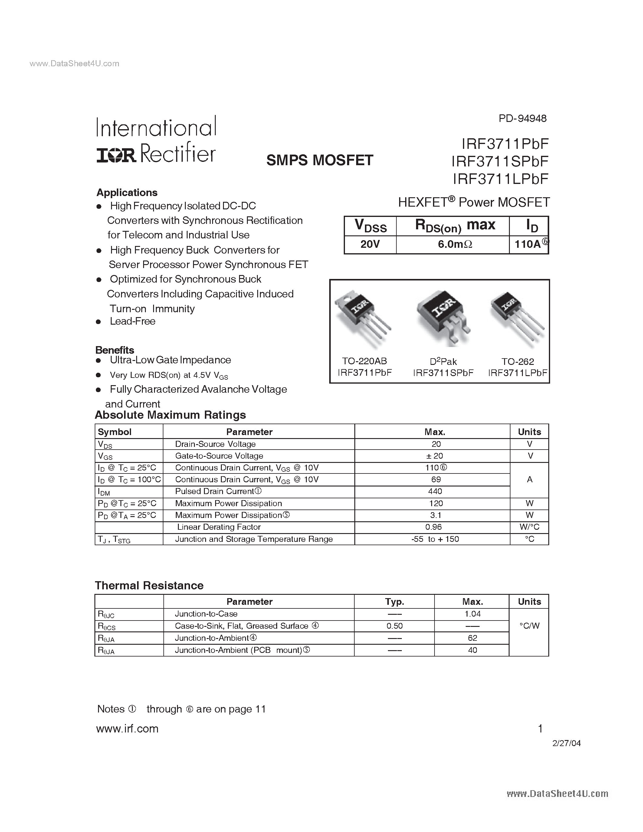 Datasheet IRF3711LPBF - HEXFET Power MOSFET page 1