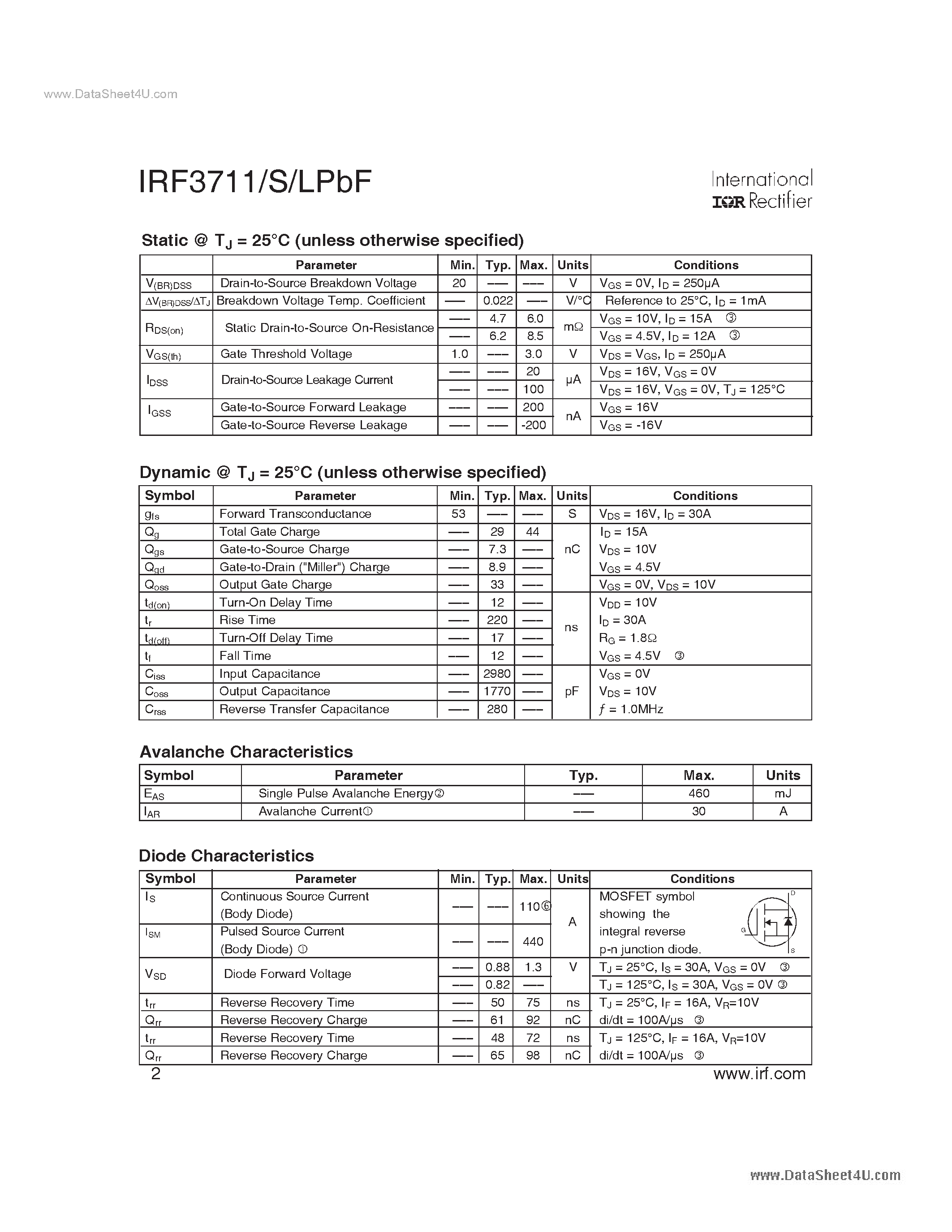 Datasheet IRF3711LPBF - HEXFET Power MOSFET page 2
