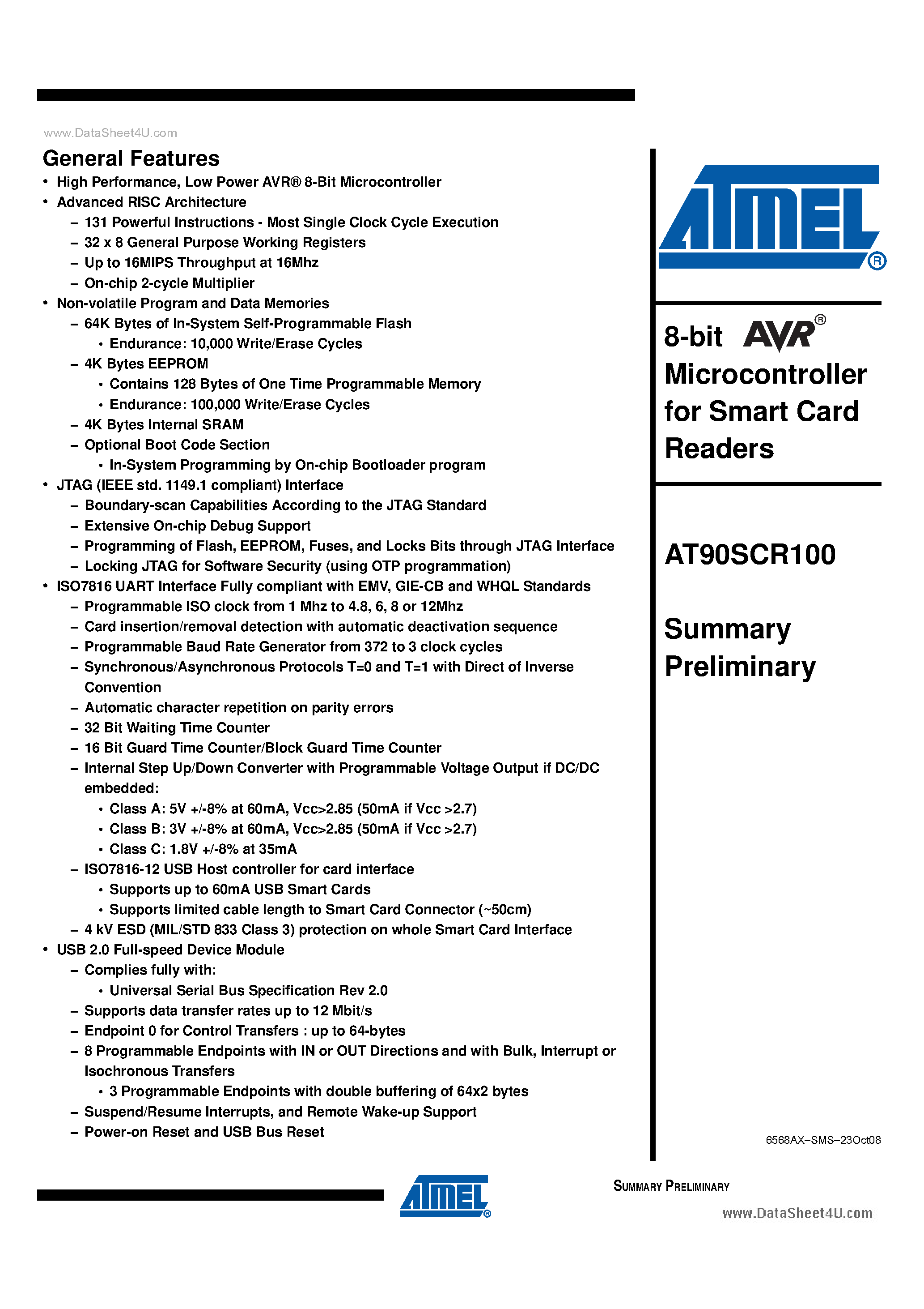 Даташит на микросхему AT90SCR100 страница 1 Даташит AT90SCR100 - 8-bit Microcontroller страница 1