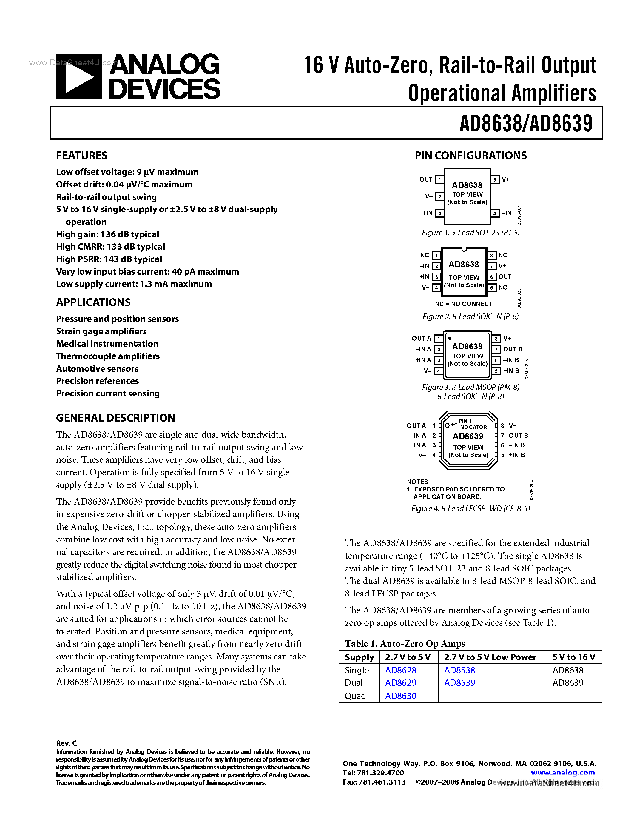 Даташит на микросхему AD8639 страница 1 Даташит AD8639 - Rail-to-Rail Output Operational Amplifiers страница 1