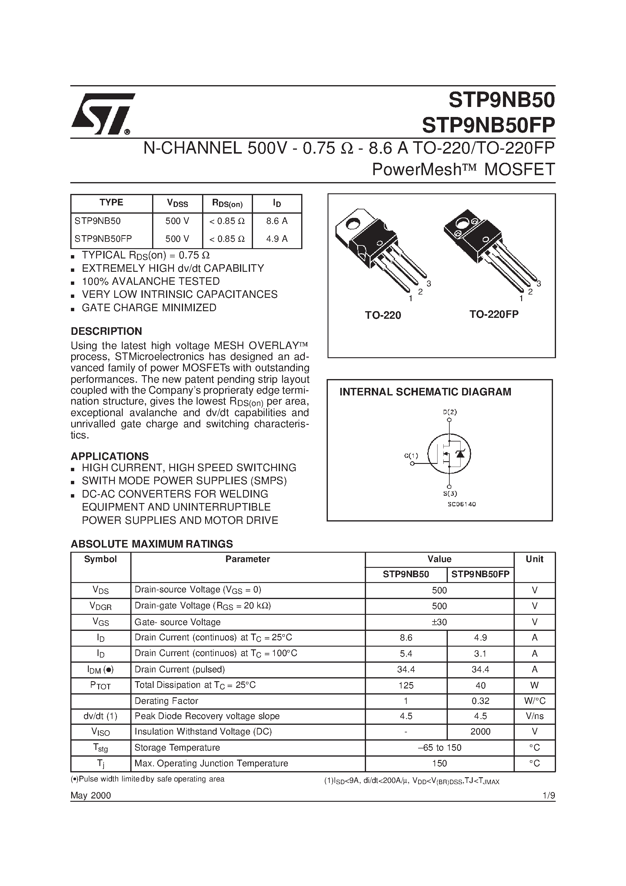 Datasheet STP9NB50 - PowerMesh MOSFET page 1
