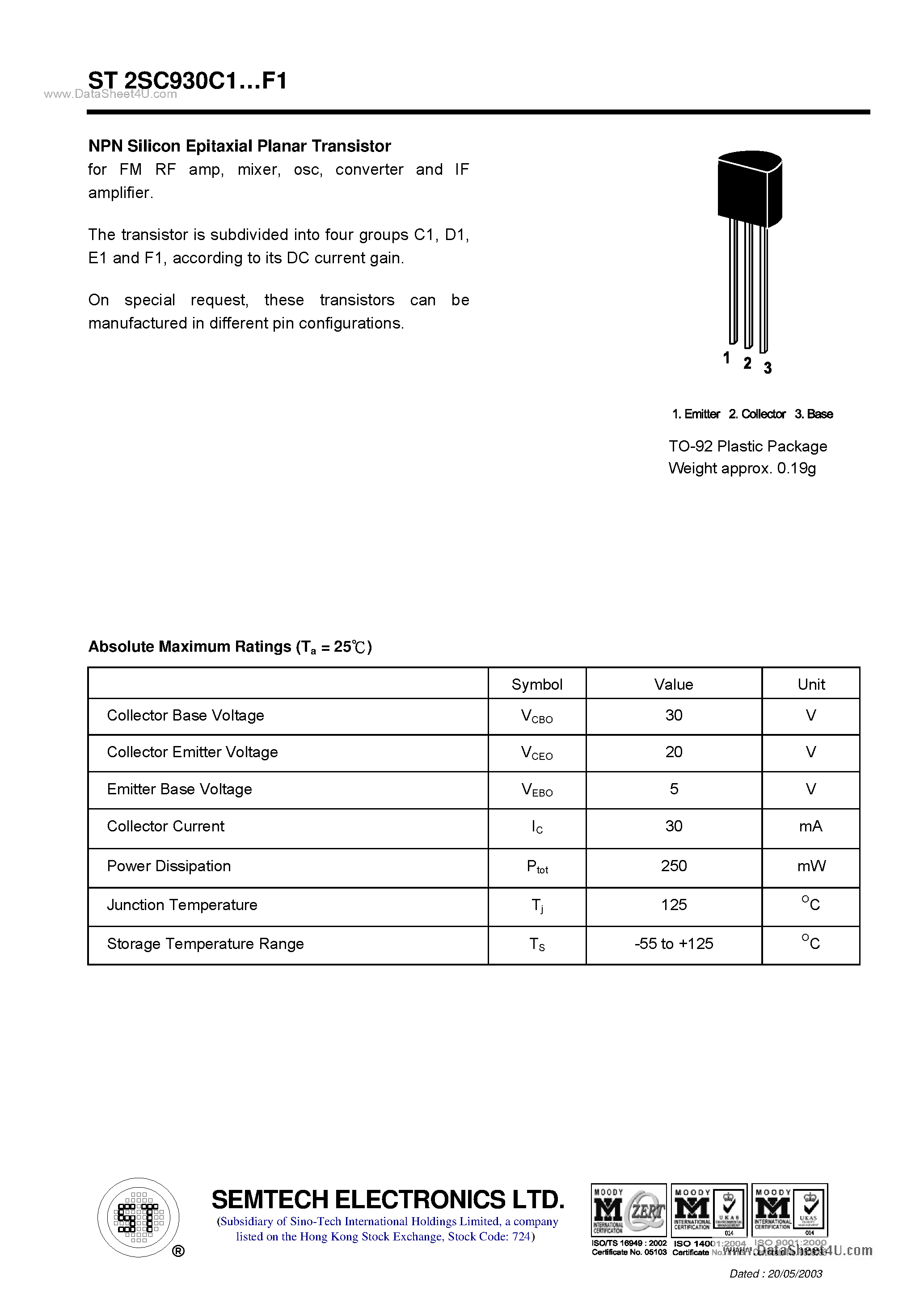 Datasheet ST2SC930C1 page 1 Datasheet ST2SC930C1 - NPN Silicon Epitaxial Planar Transistor page 1