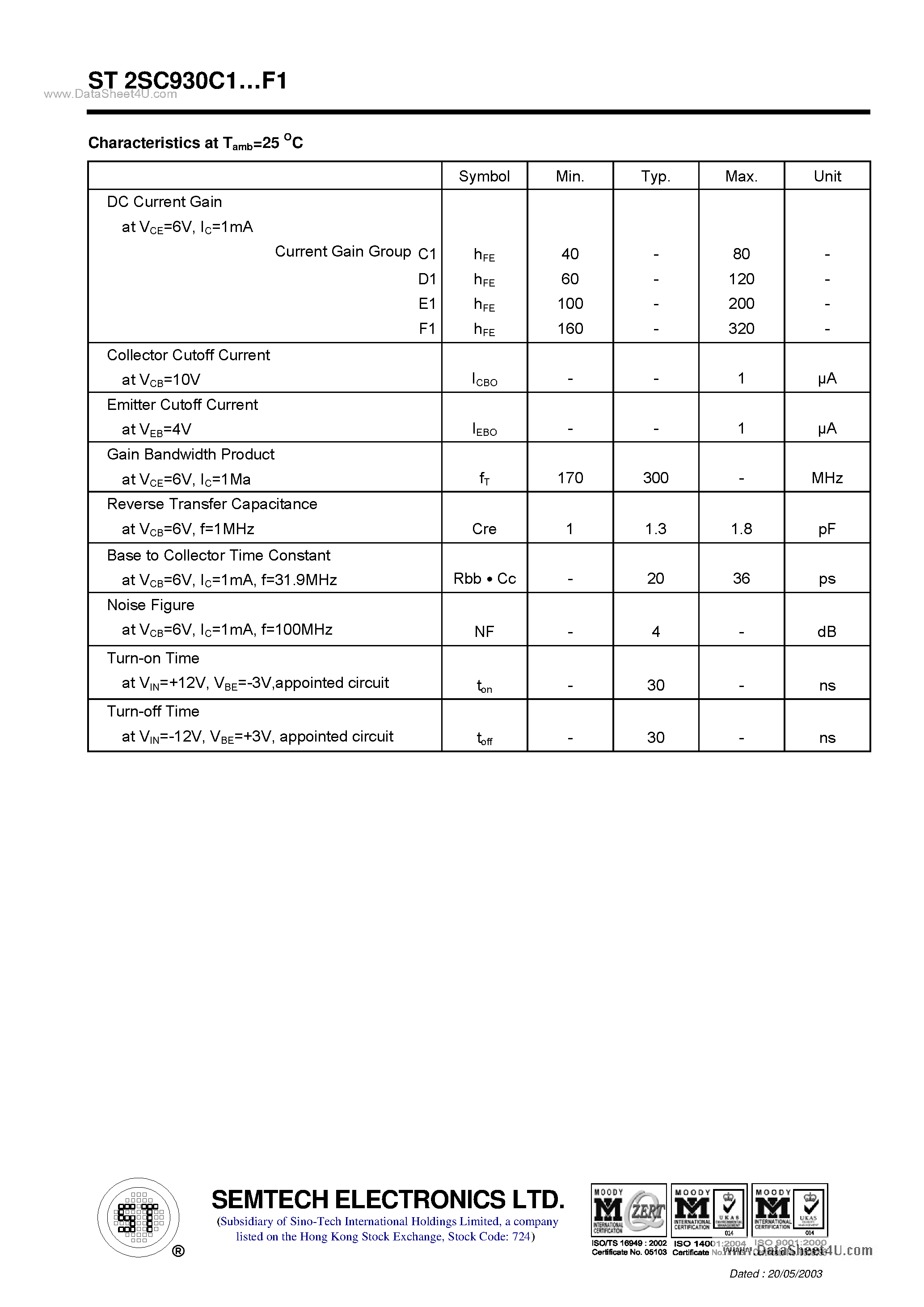 Datasheet ST2SC930C1 page 2 Datasheet ST2SC930C1 - NPN Silicon Epitaxial Planar Transistor page 2
