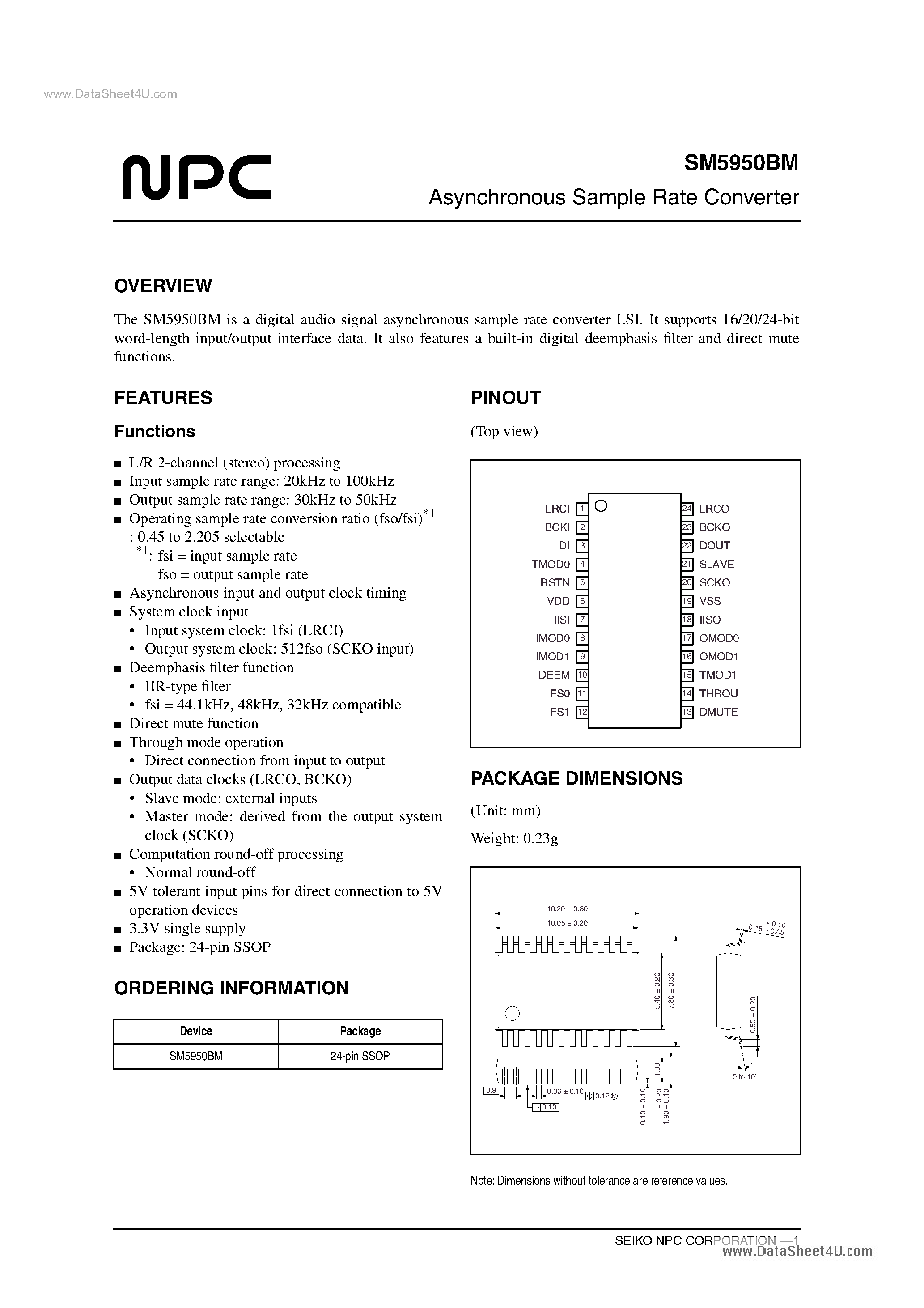 Datasheet SM5950BM page 1 Datasheet SM5950BM - Asynchronous Sample Rate Converter page 1