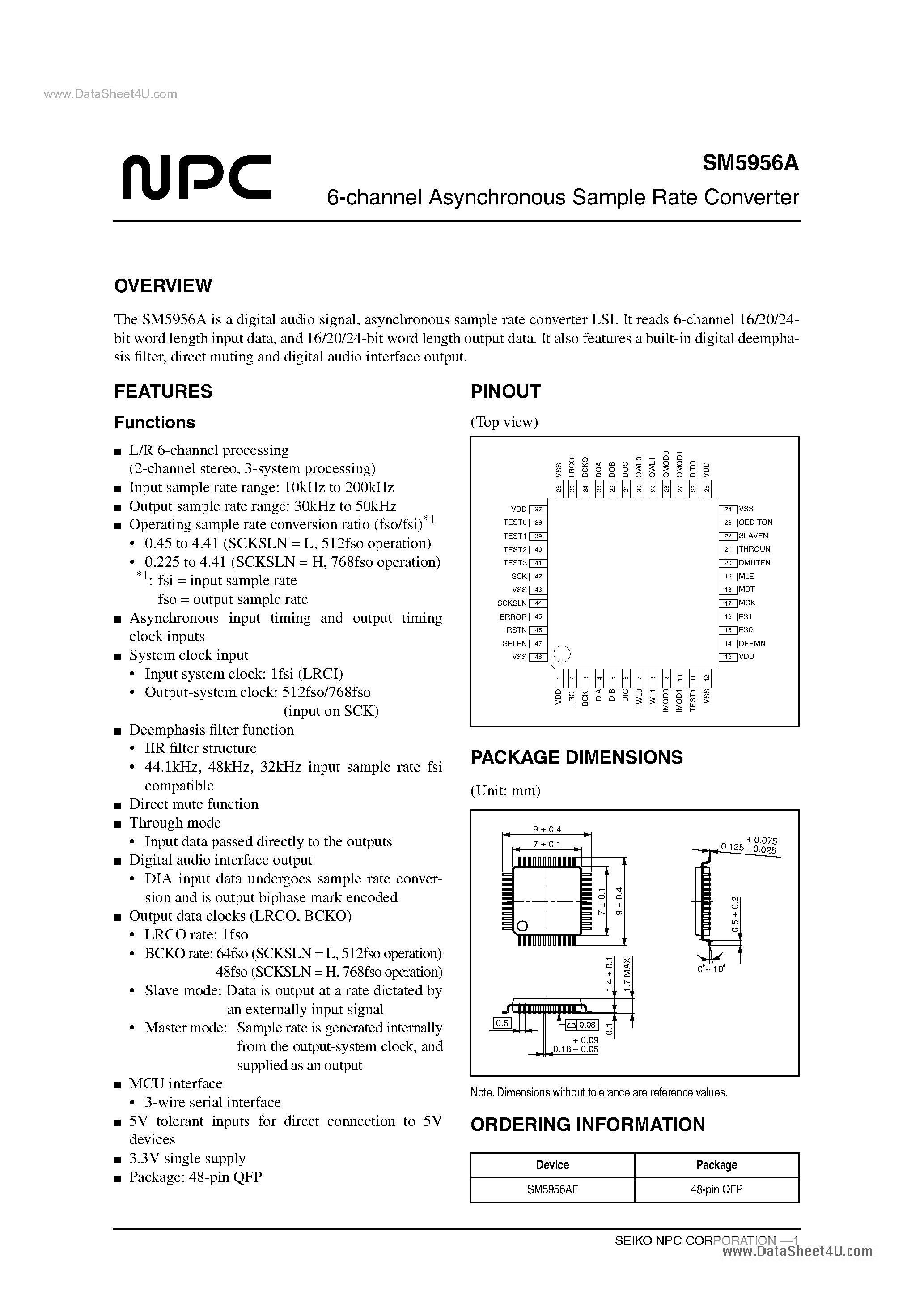 Datasheet SM5956A page 1 Datasheet SM5956A - 6-channel Asynchronous Sample Rate Converter page 1