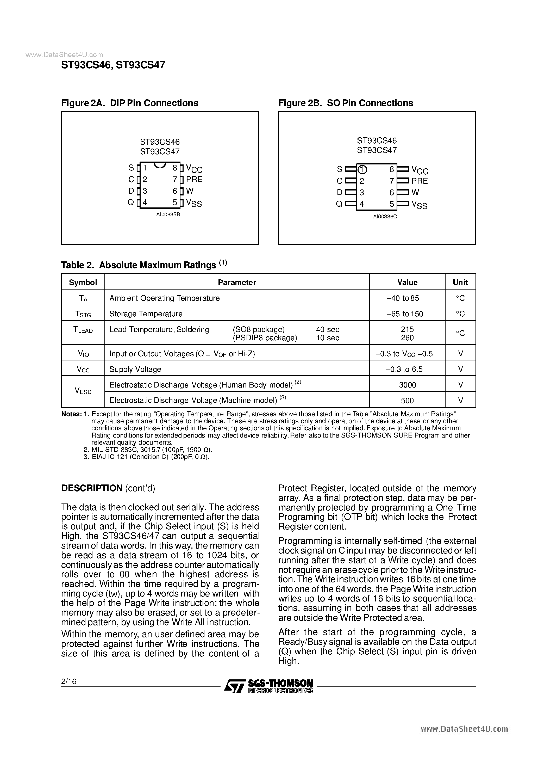 Datasheet ST93CS47 page 2 Datasheet ST93CS47 - (ST93CS46 / ST93CS47) 1K 64 x 16 SERIAL MICROWIRE EEPROM page 2