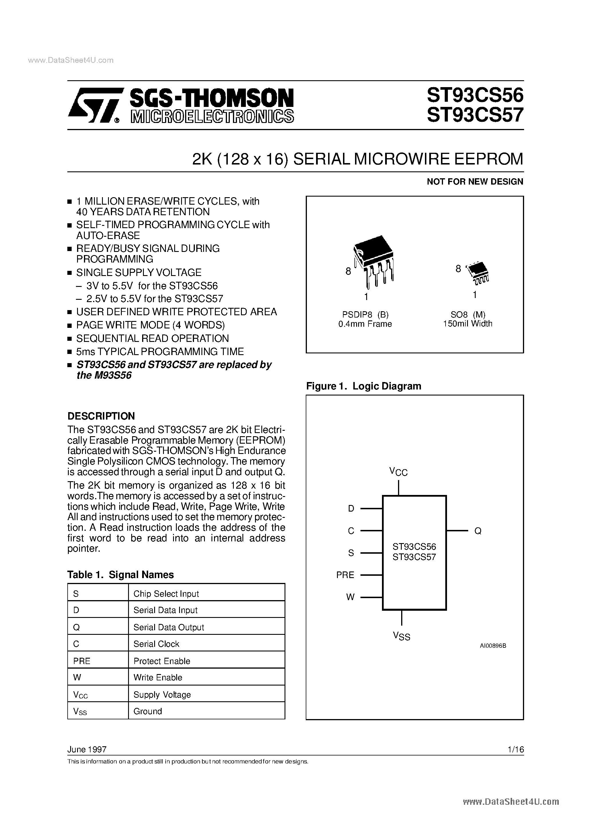 Datasheet ST93CS56 page 1 Datasheet ST93CS56 - (ST93CS56 / ST93CS57) 2K 128 x 16 SERIAL MICROWIRE EEPROM page 1