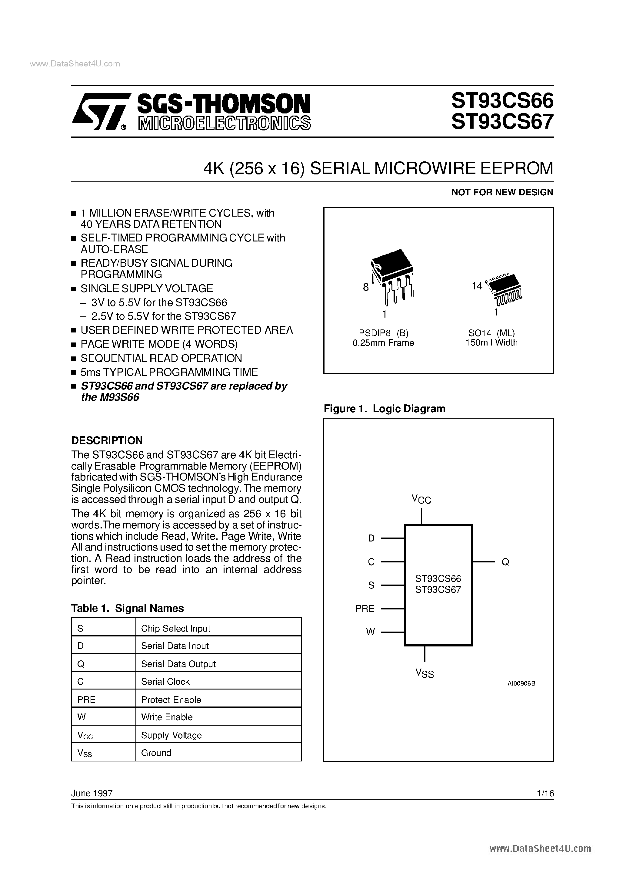 Datasheet ST93CS66 page 1 Datasheet ST93CS66 - (ST93CS66 / ST93CS67) 4K 256 x 16 SERIAL MICROWIRE EEPROM page 1