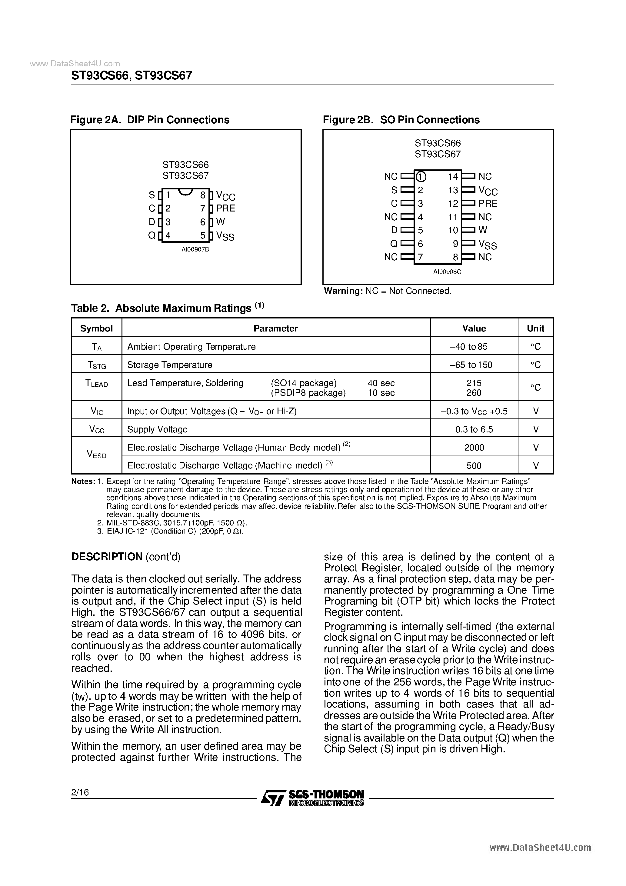 Datasheet ST93CS66 page 2 Datasheet ST93CS66 - (ST93CS66 / ST93CS67) 4K 256 x 16 SERIAL MICROWIRE EEPROM page 2