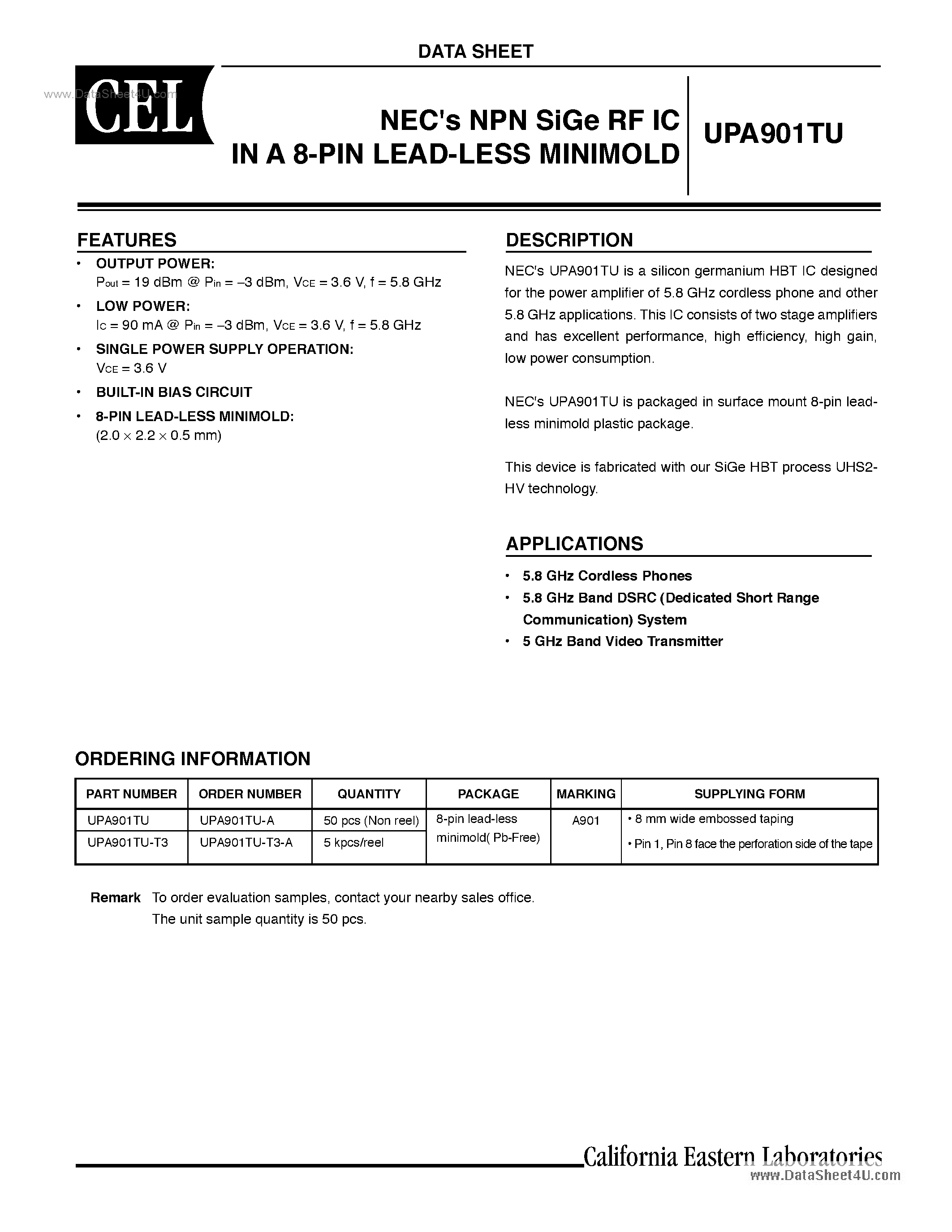 Даташит UPA901TU - NPN SiGe RF IC IN A 8-PIN LEAD-LESS MINIMOLD страница 1