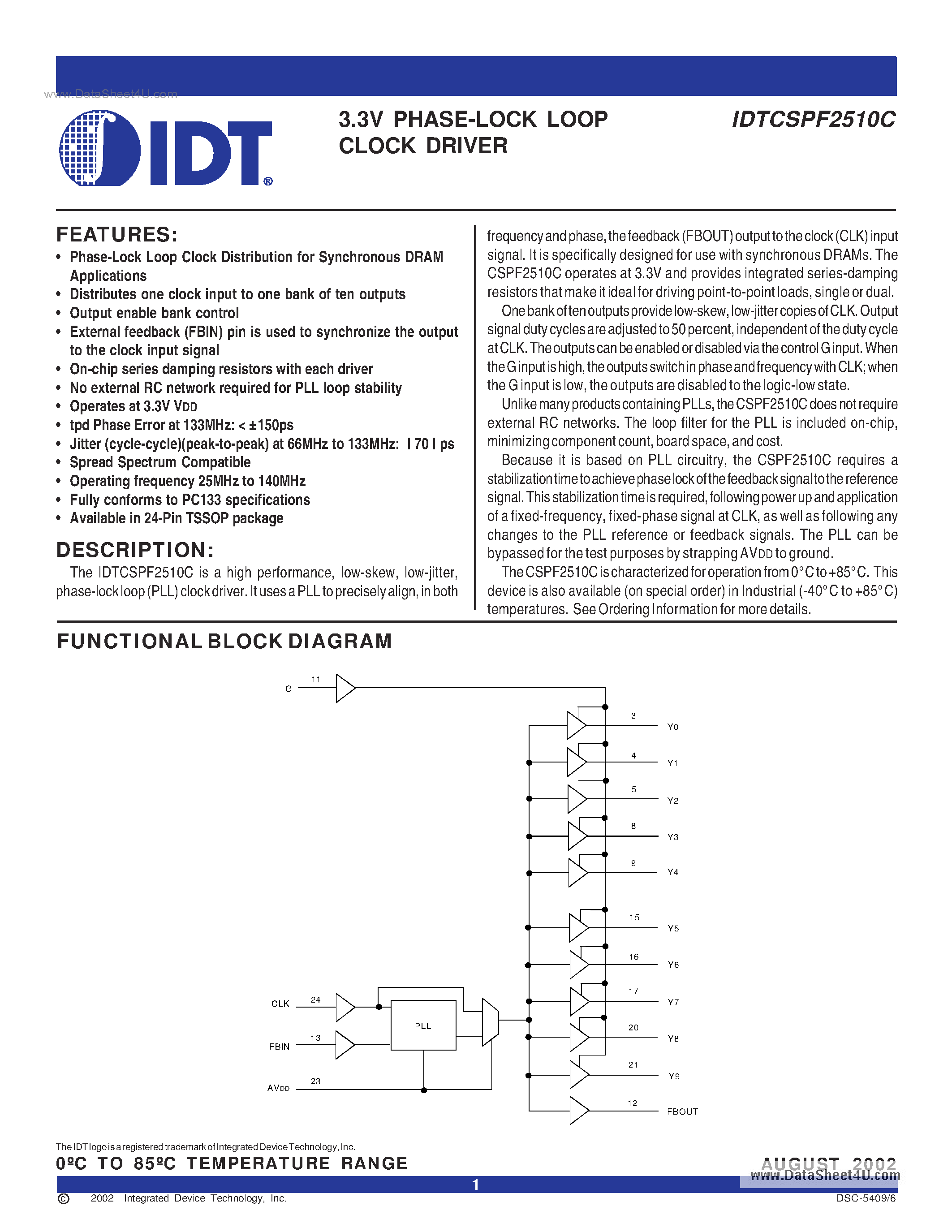 Datasheet IDTCSPF2510C - 3.3V PHASE-LOCK LOOP CLOCK DRIVER page 1
