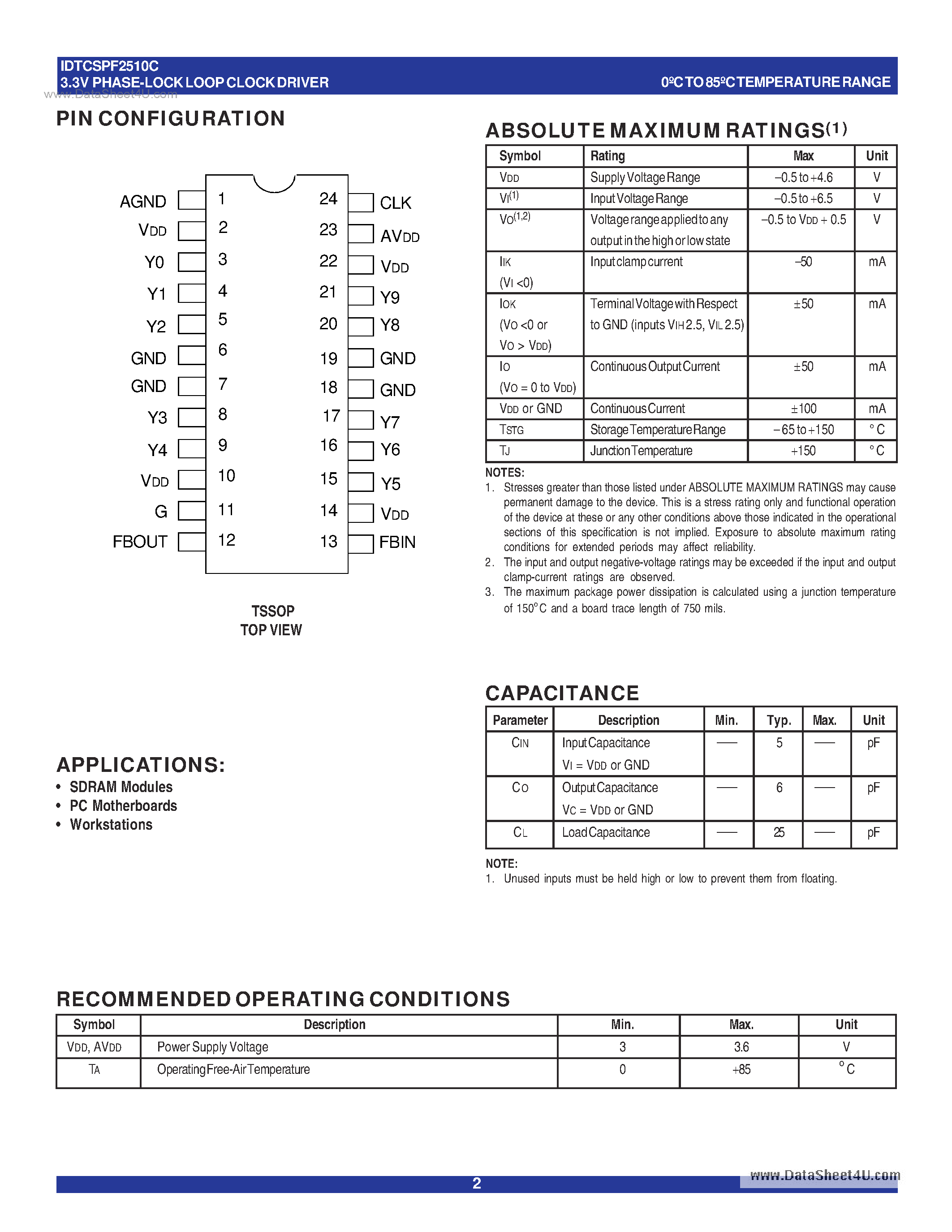 Datasheet IDTCSPF2510C - 3.3V PHASE-LOCK LOOP CLOCK DRIVER page 2