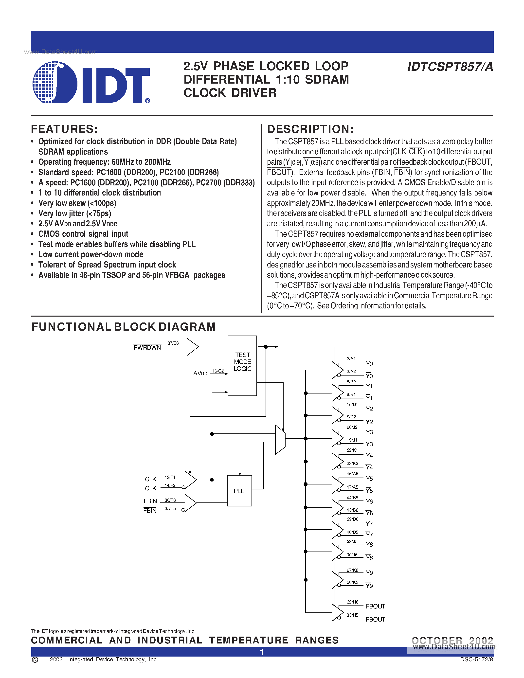 Datasheet IDTCSPT857 - 2.5V PHASE LOCKED LOOP DIFFERENTIAL 1:10 SDRAM CLOCK DRIVER page 1