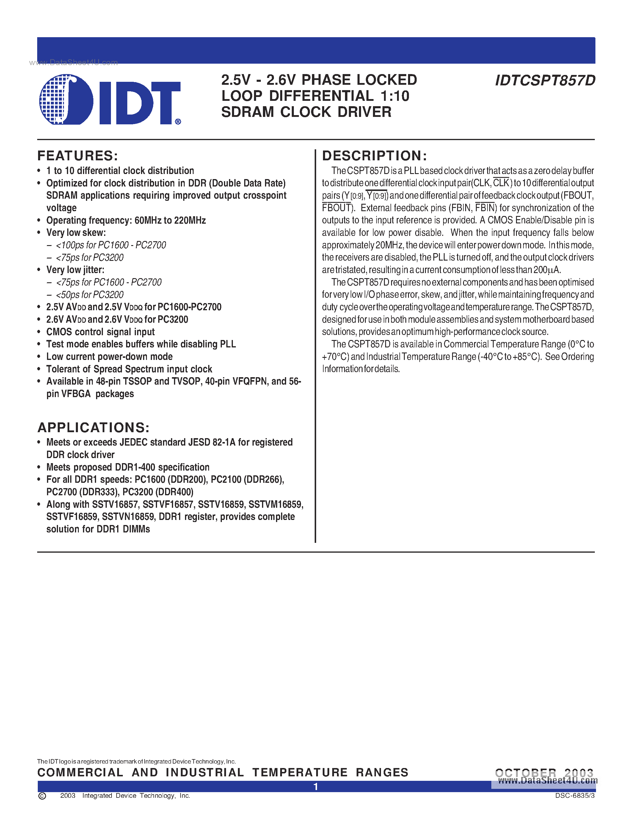 Datasheet IDTCSPT857D - 2.5V - 2.6V PHASE LOCKED LOOP DIFFERENTIAL 1:10 SDRAM CLOCK DRIVER page 1