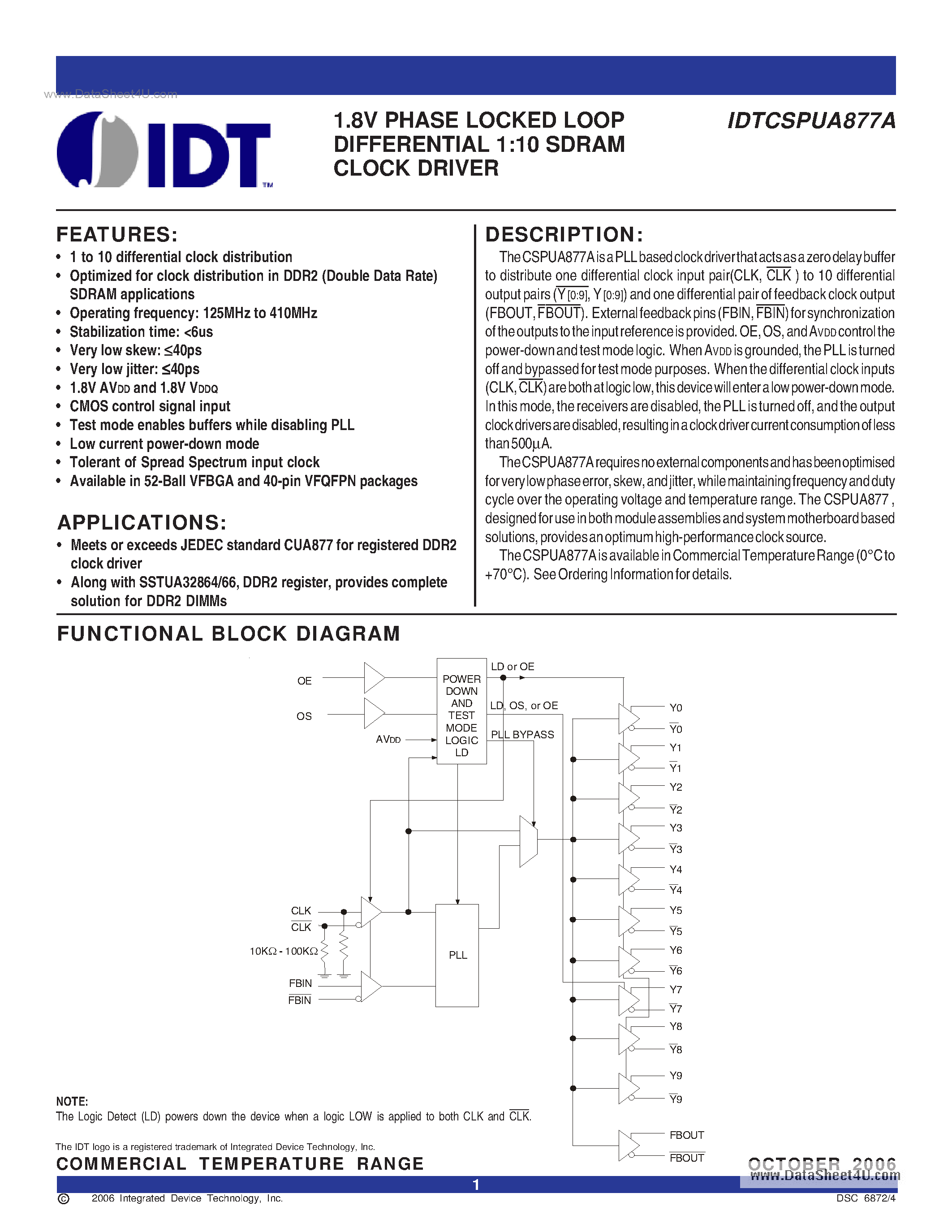 Даташит на микросхему IDTCSPUA877A страница 1 Даташит IDTCSPUA877A - 1.8V PHASE LOCKED LOOP DIFFERENTIAL 1:10 SDRAM CLOCK DRIVER страница 1