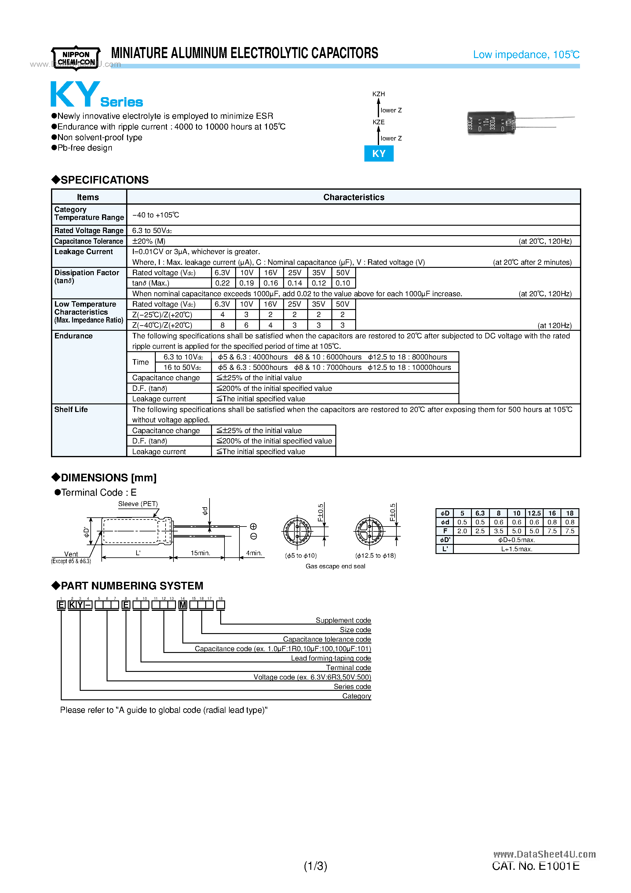 Datasheet EKY-xxxExxxxxMxxxx - MINIATURE ALUMINUM ELECTROLYTIC CAPACITORS page 1