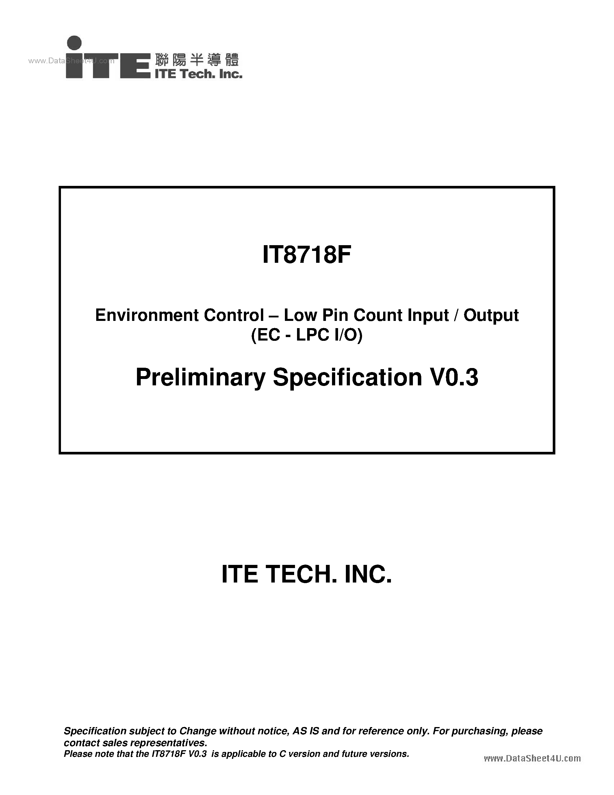 Даташит IT8718F - Environment Control страница 1