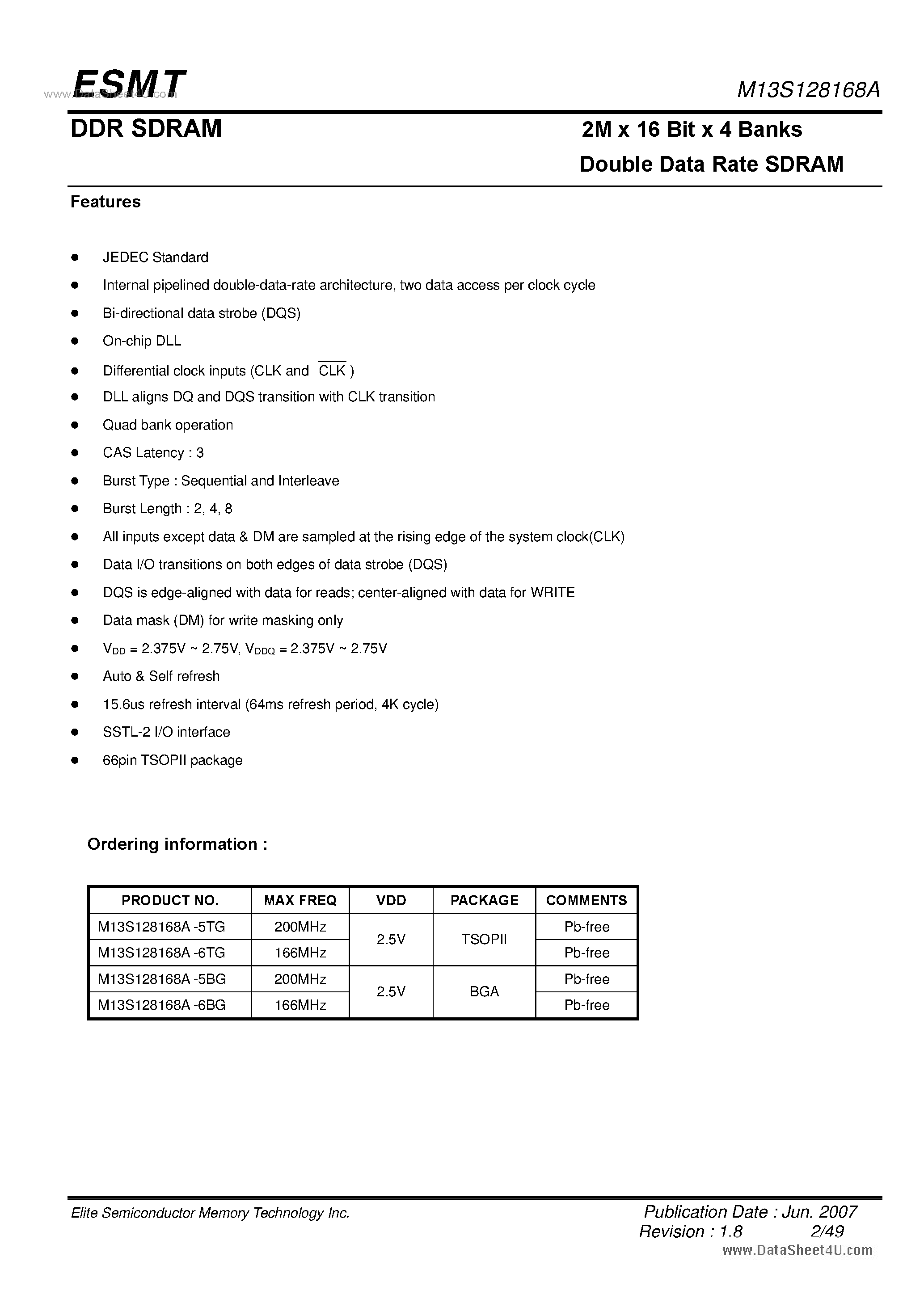 Datasheet M13S128168A - 2M x 16 Bit x 4 Banks Double Data Rate SDRAM page 2