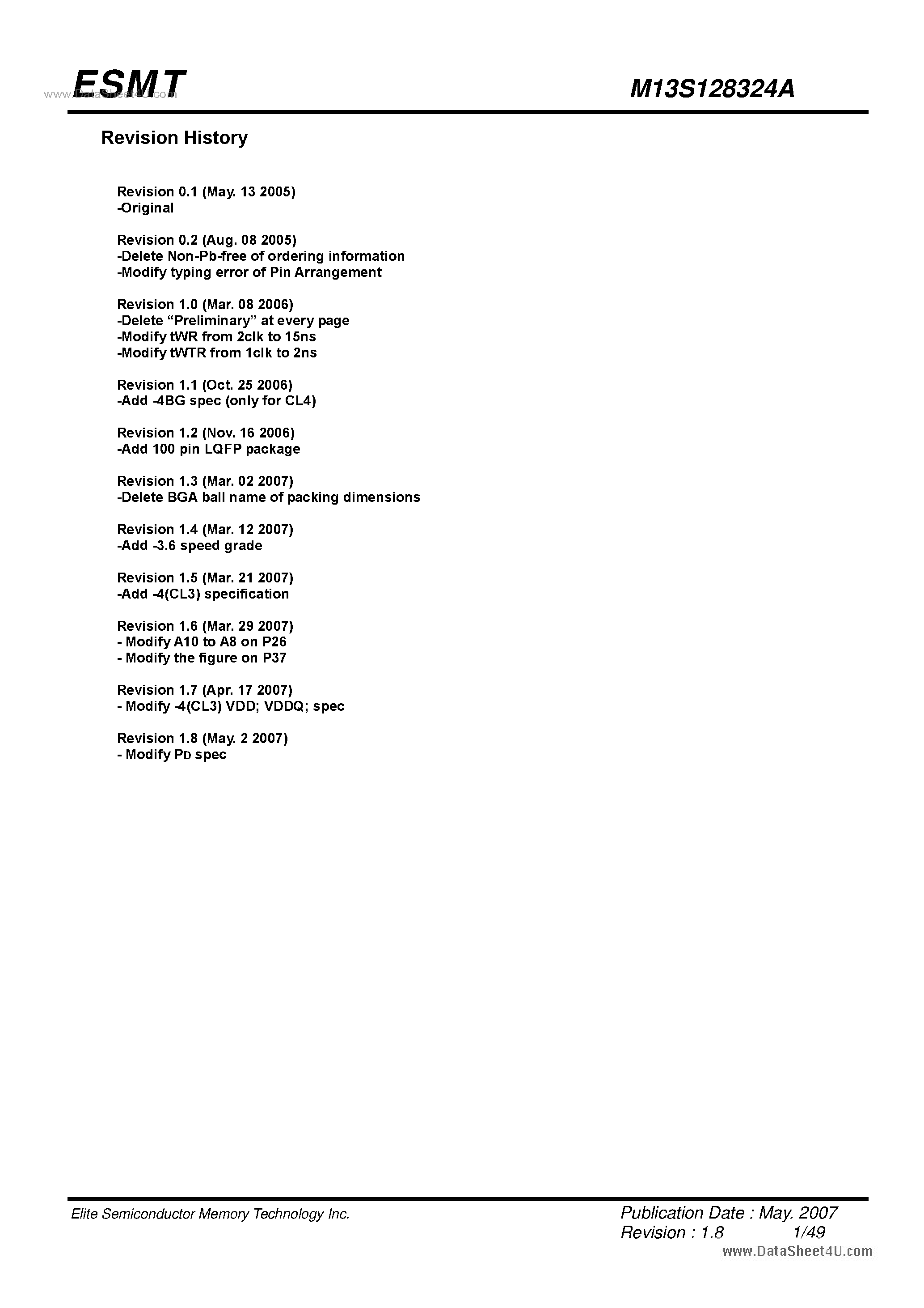Datasheet M13S128324A - 1M x 32 Bit x 4 Banks Double Data Rate SDRAM page 1