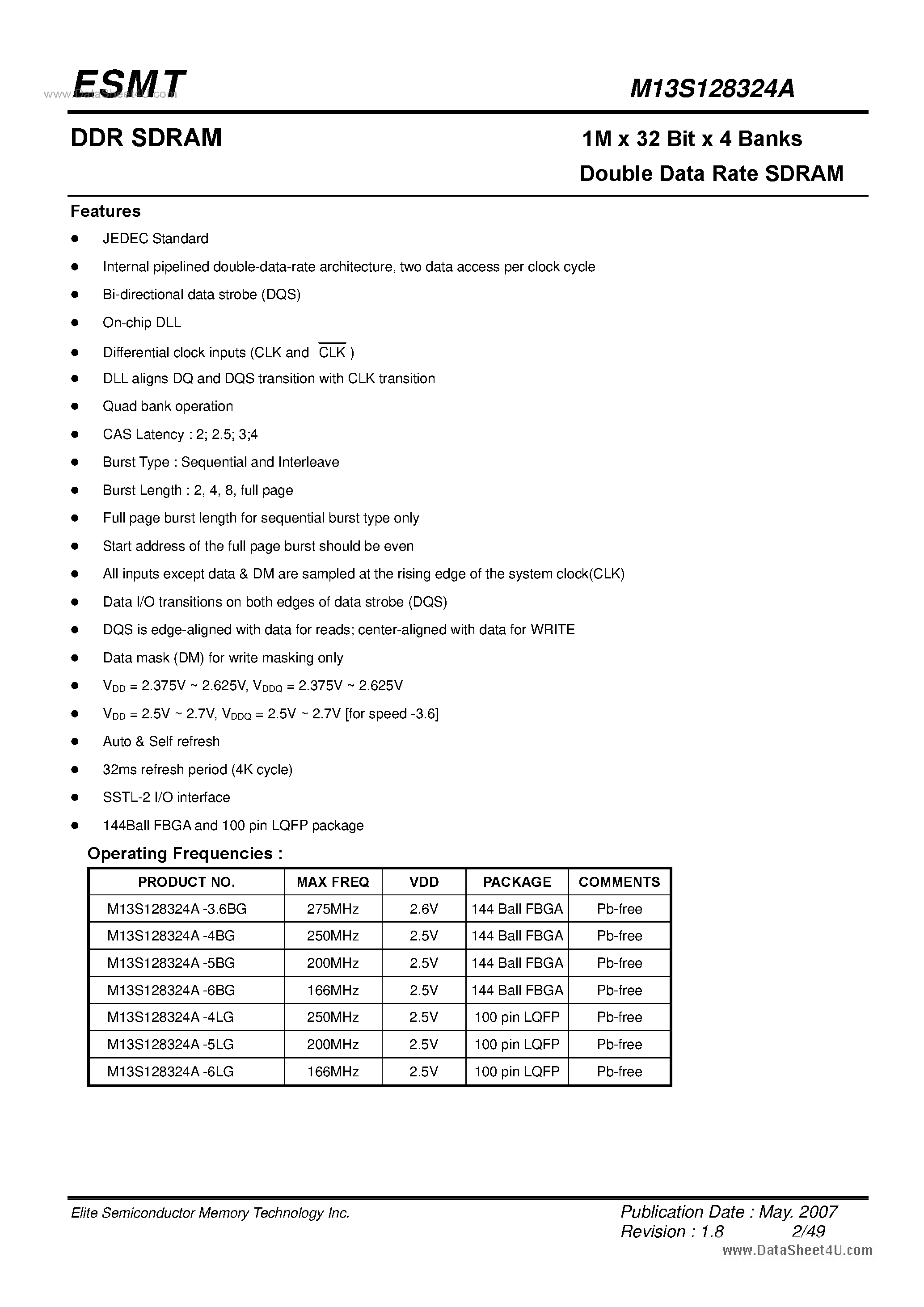 Datasheet M13S128324A - 1M x 32 Bit x 4 Banks Double Data Rate SDRAM page 2
