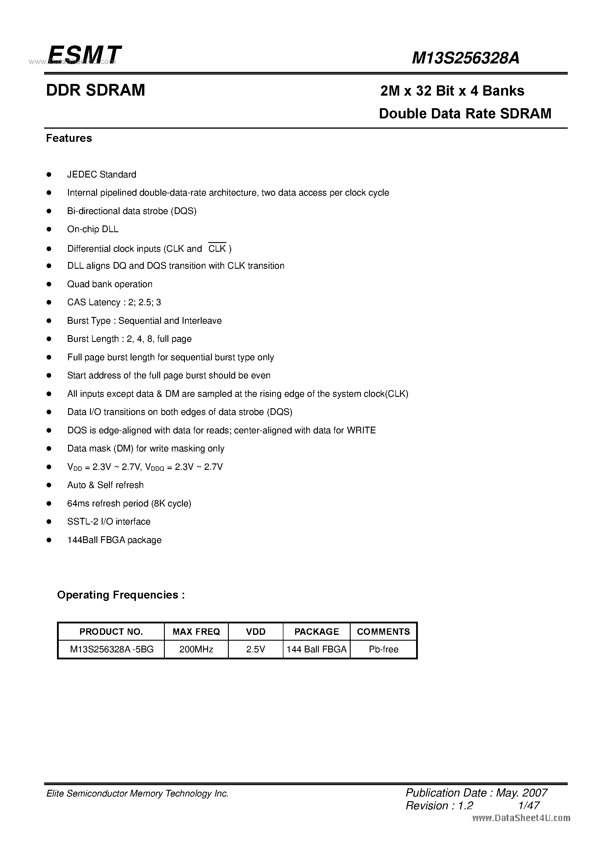 Datasheet M13S256328A - 2M x 32 Bit x 4 Banks Double Data Rate SDRAM page 1