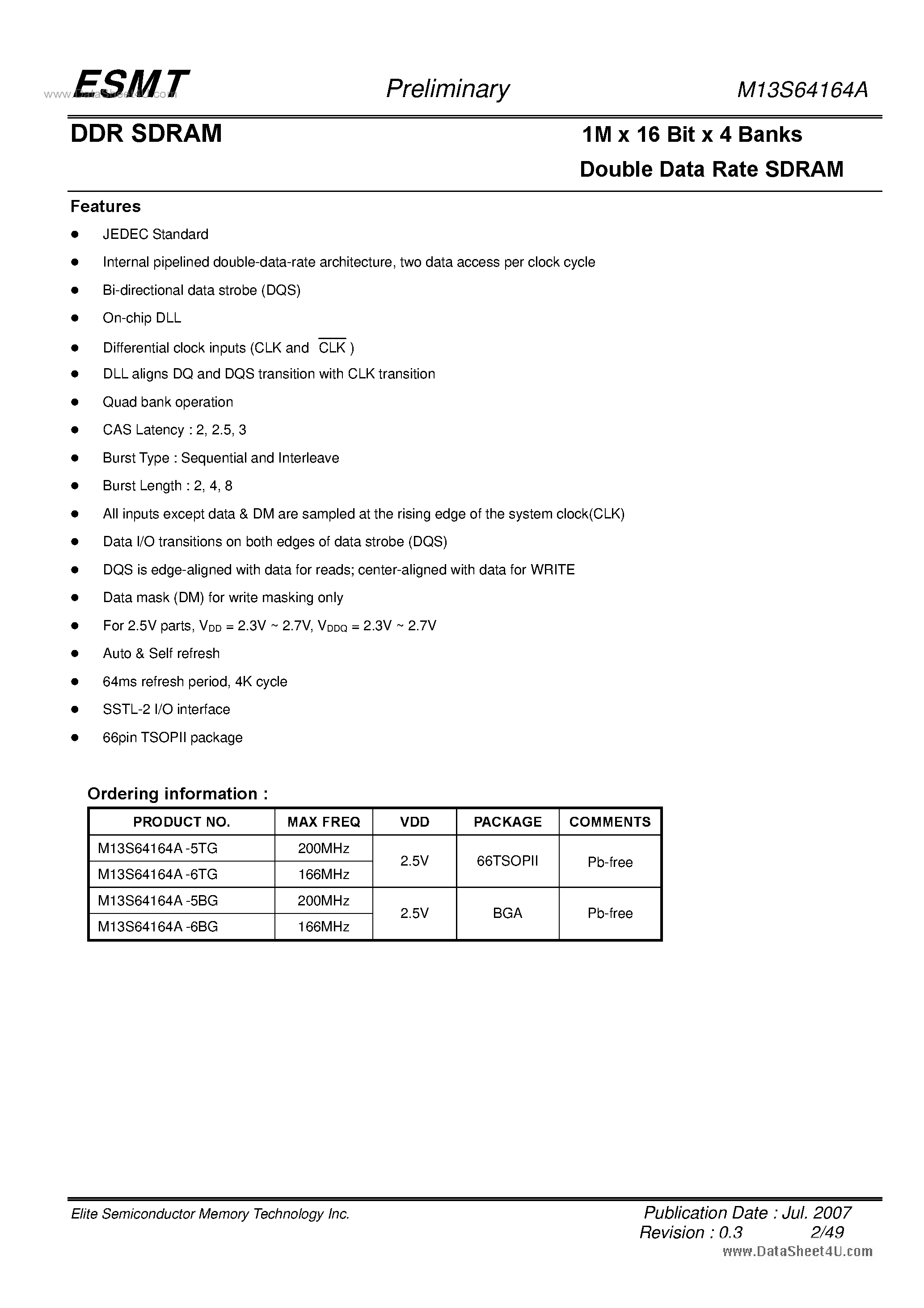 Datasheet M13S64164A - 1M x 16 Bit x 4 Banks Double Data Rate SDRAM page 2