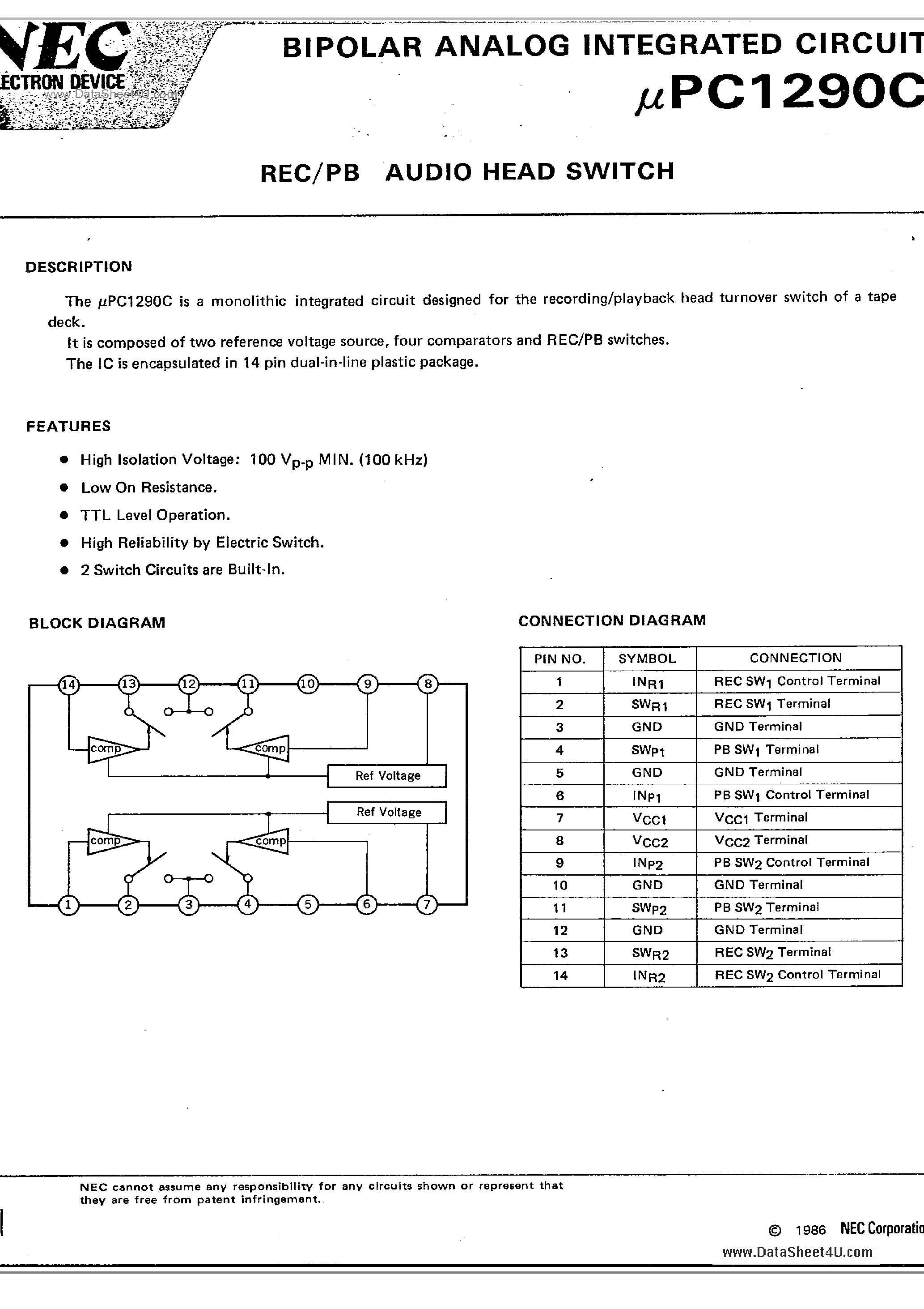Datasheet UPC1290C - REC / PB Audio Head Switch page 1