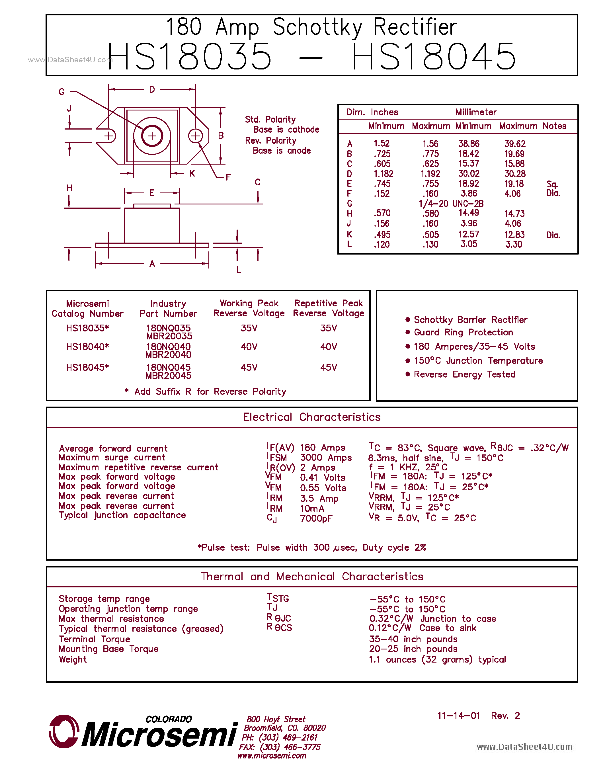 Datasheet HS18040 page 1 Datasheet HS18040 - (HS18035 - HS18045) 180 AMP SCHOTTKY RECTIFIER page 1