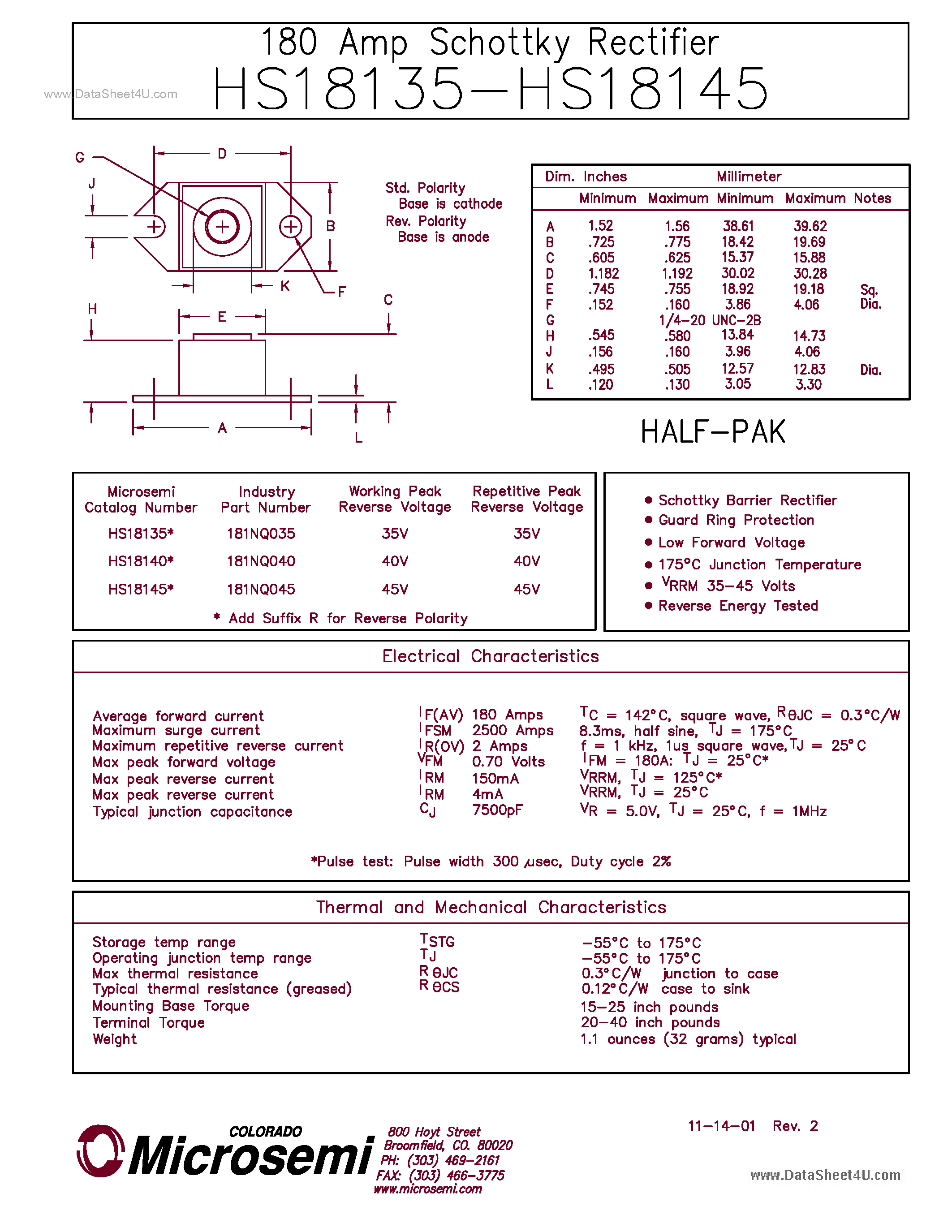 Datasheet HS18135 page 1 Datasheet HS18135 - (HS18135 - HS18145) Schottky Rectifier page 1