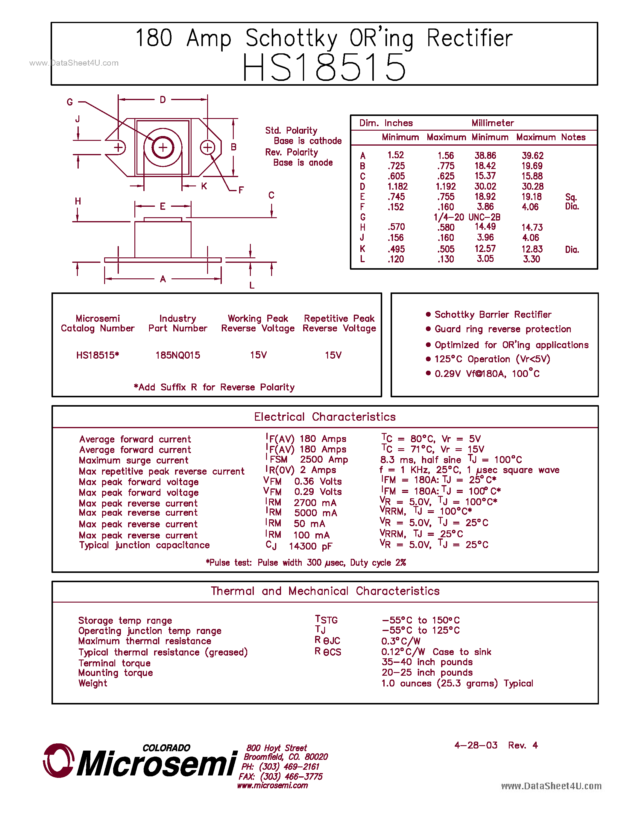 Datasheet HS18515 page 1 Datasheet HS18515 - 180Amp Schottky ORING Rectifier page 1
