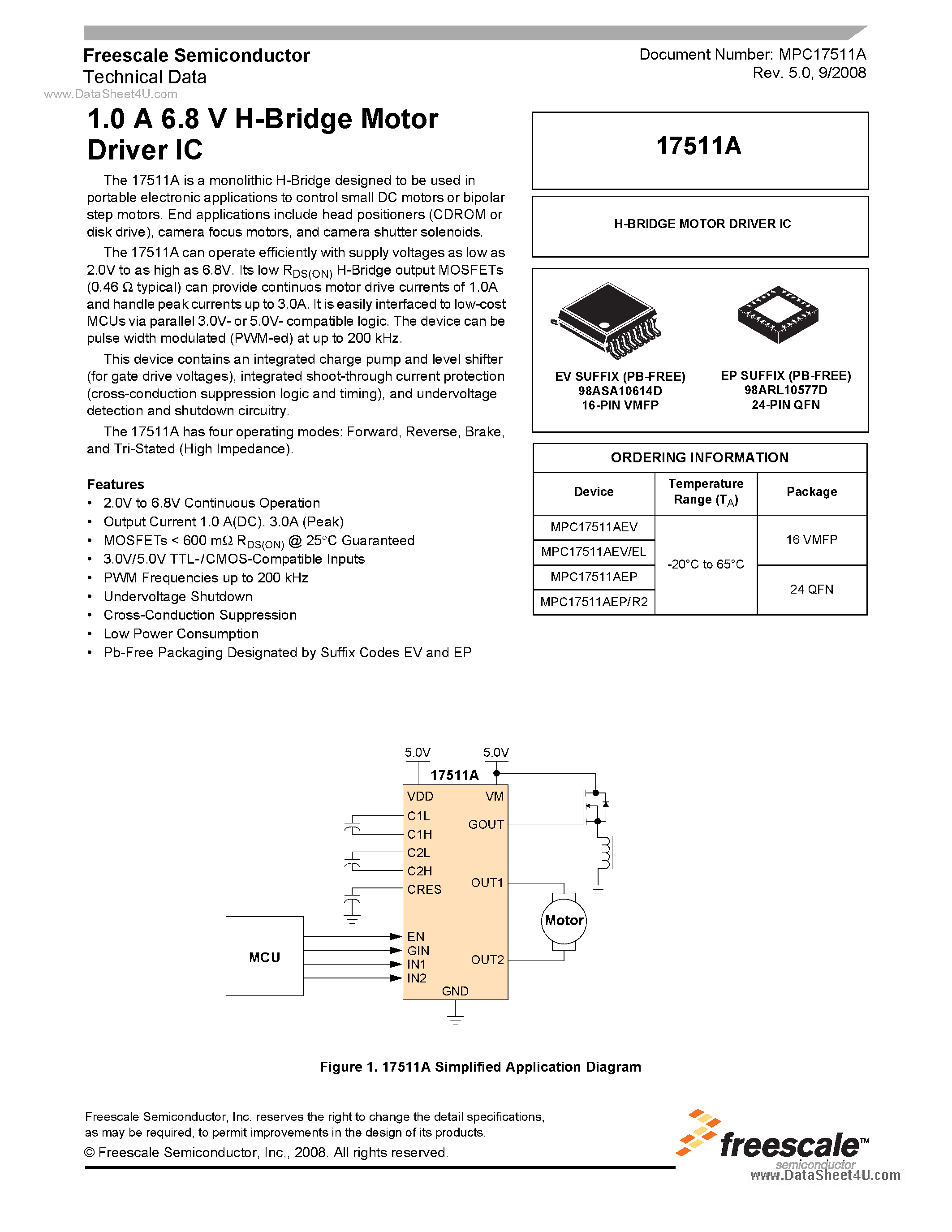 Datasheet MPC17511A page 1 Datasheet MPC17511A - 1.0 A 6.8 V H-Bridge Motor Driver IC page 1