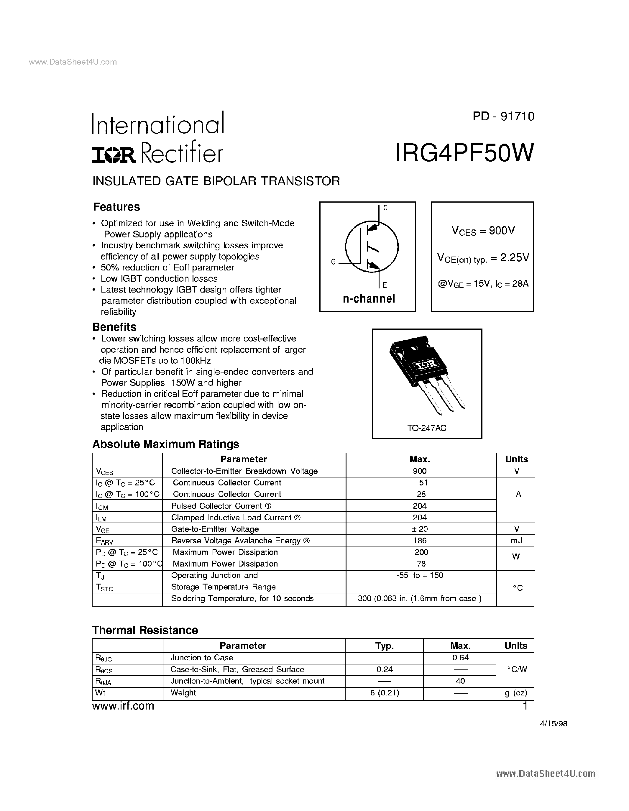Datasheet G4PF50W page 1 Datasheet G4PF50W - Search -----> IRG4PF50W page 1