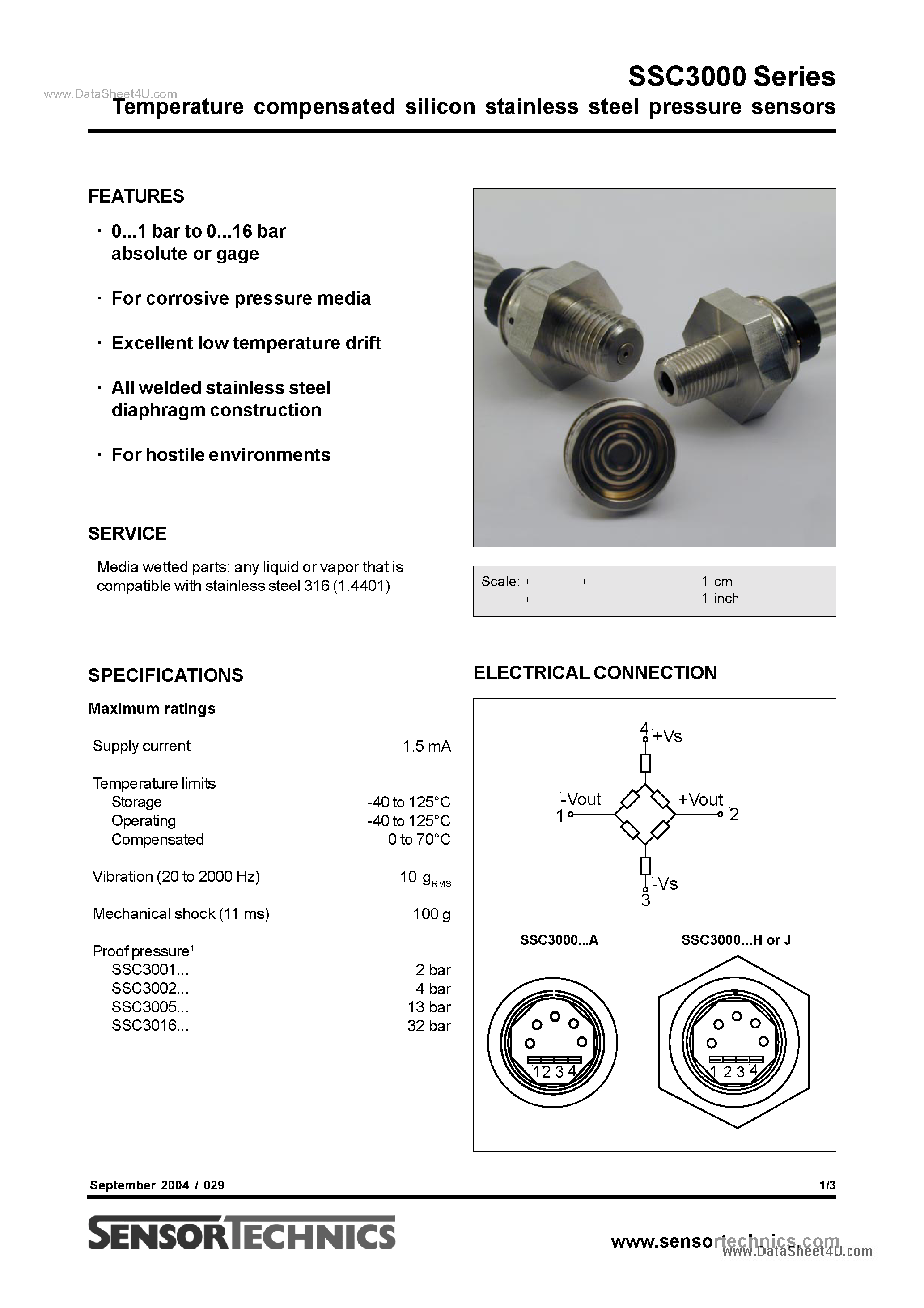 Даташит SSC3000 - Temperature compensated silicon stainless steel pressure sensors страница 1