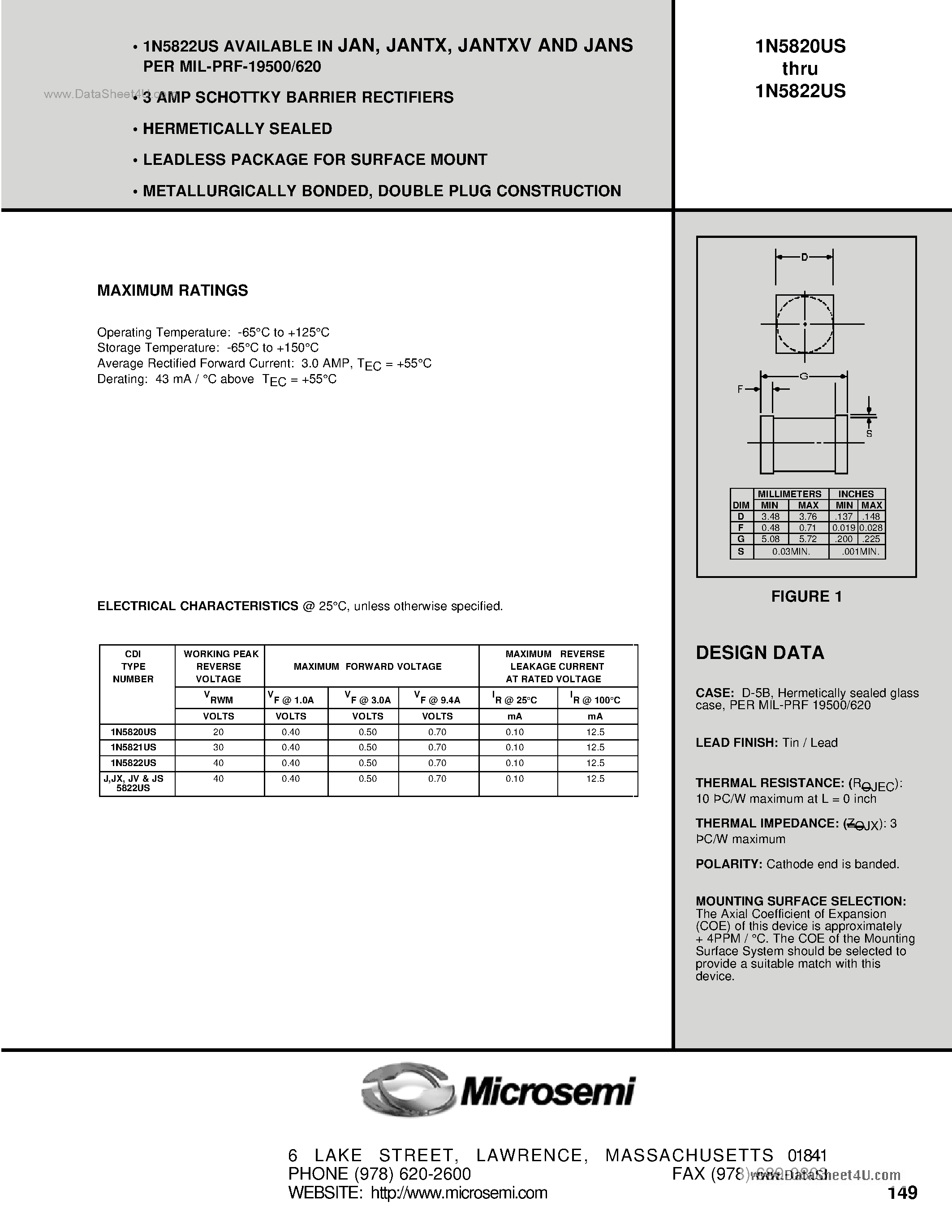Даташит 1N5820US - (1N5820US - 1N5822US) 3 AMP SCHOTTKY BARRIER RECTIFIERS страница 1