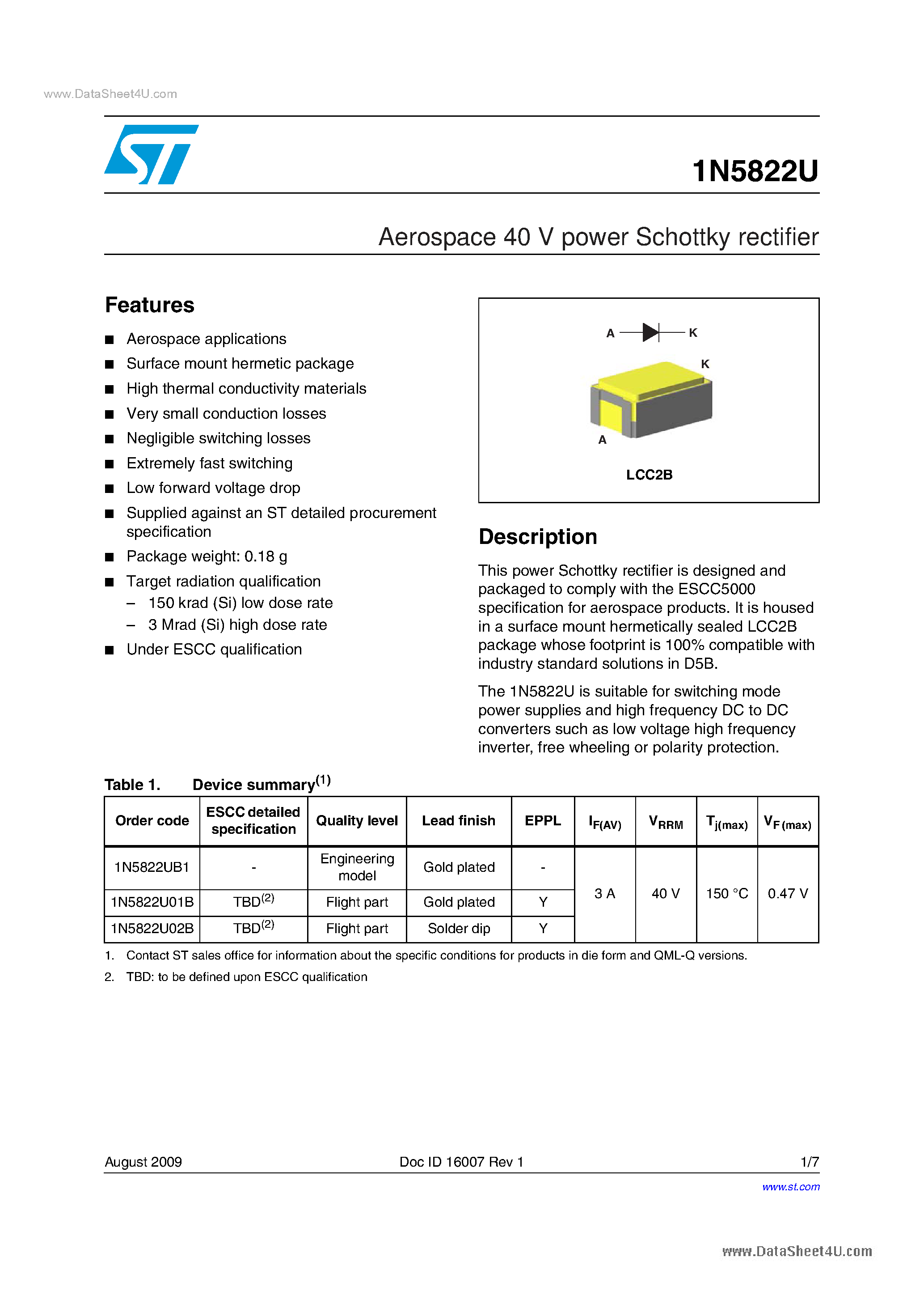 Datasheet 1N5822U - Aerospace 40 V power Schottky rectifier page 1