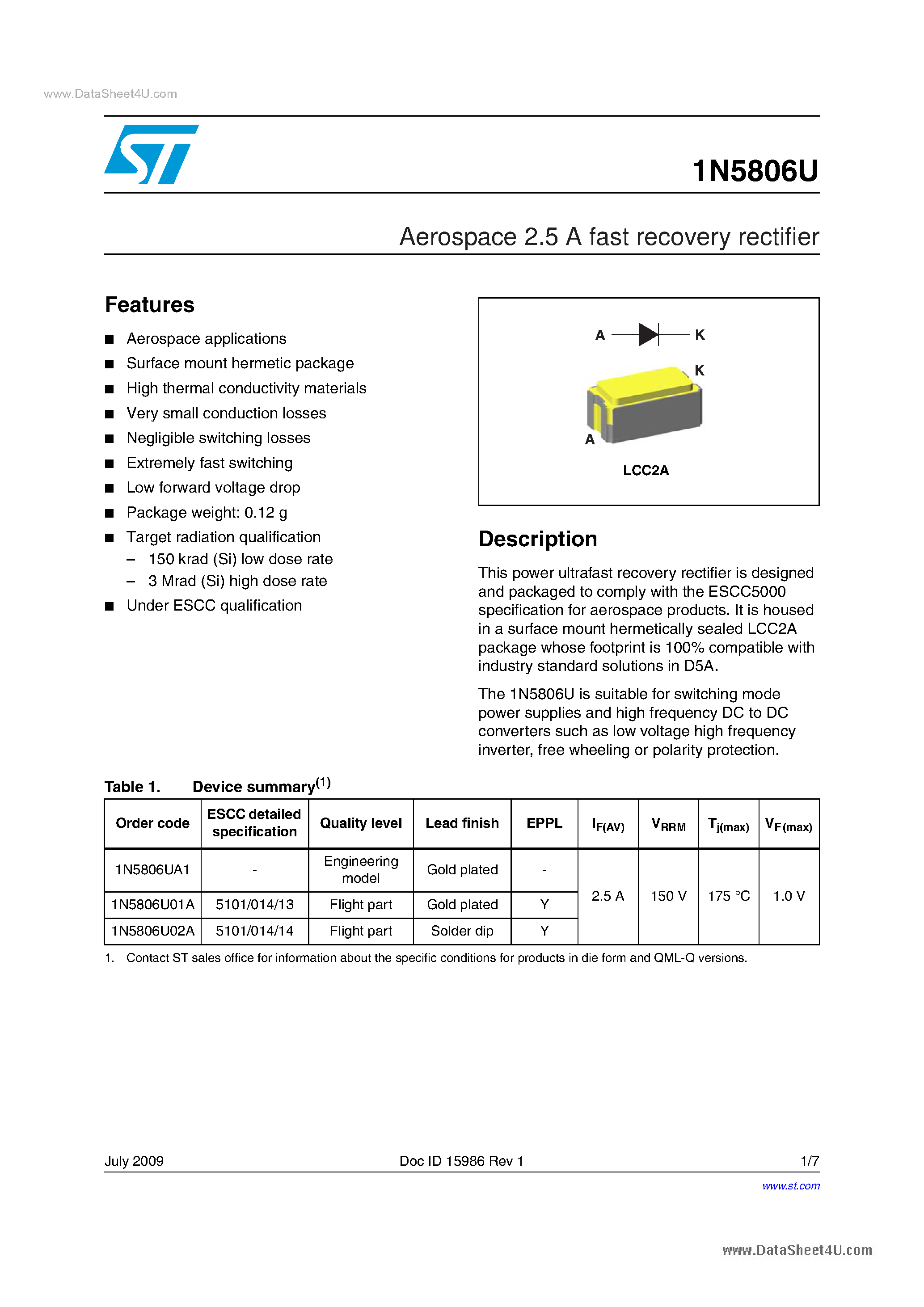 Datasheet 1N5806U - Aerospace 2.5 A fast recovery rectifier page 1