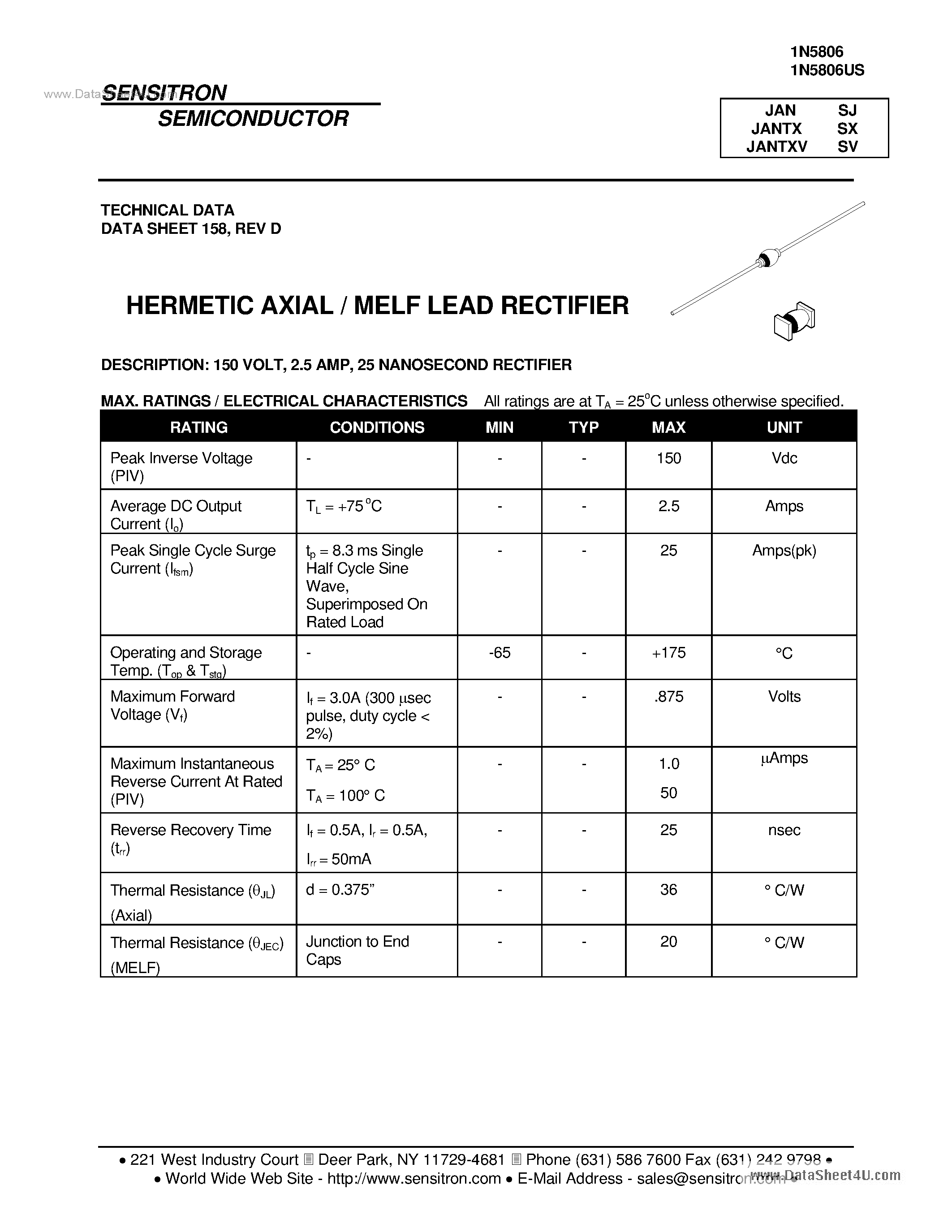 Datasheet 1N5806US - HERMETIC AXIAL / MELF LEAD RECTIFIER page 1