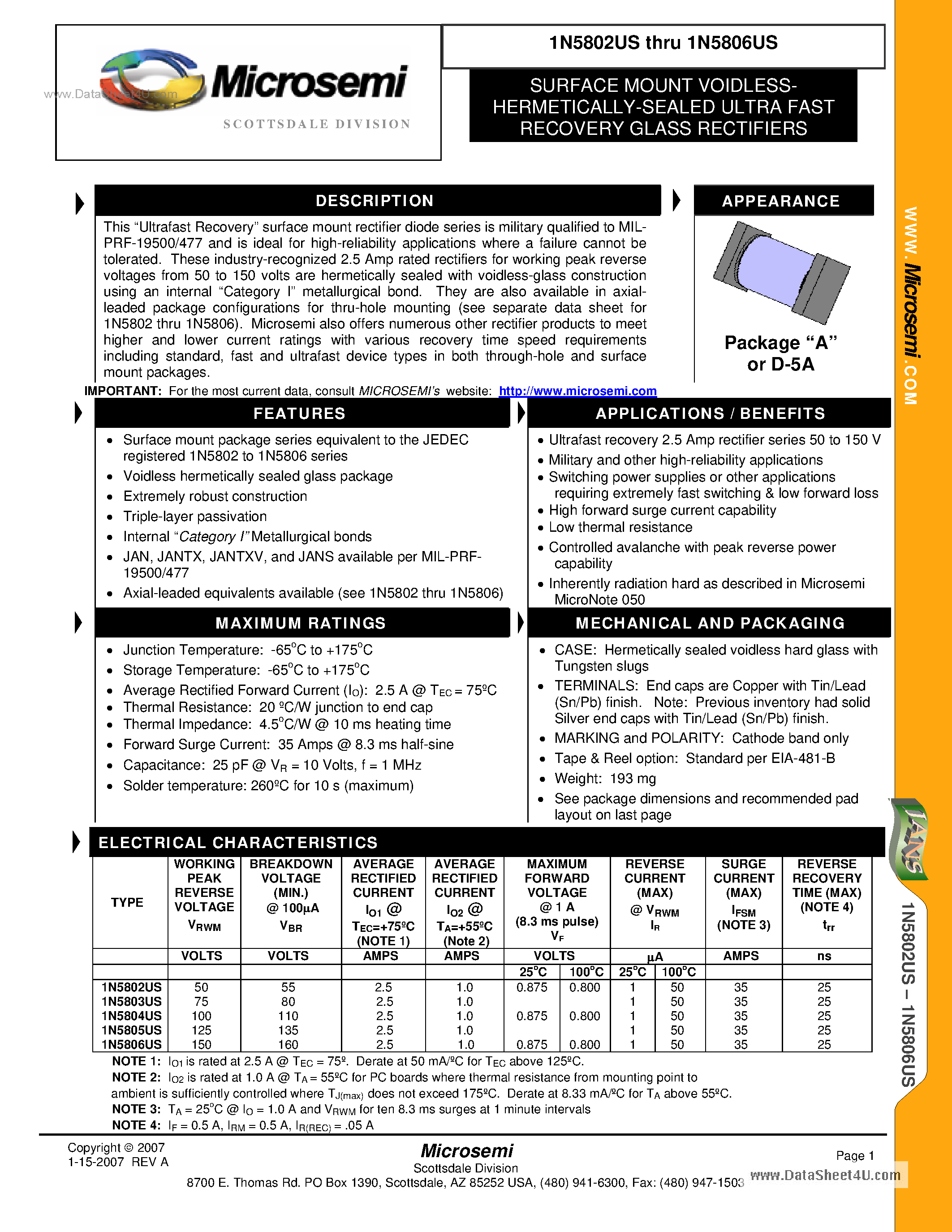Даташит 1N5802US - (1N5802US - 1N5806US) SURFACE MOUNT VOIDLESSHERMETICALLY- SEALED ULTRA FAST RECOVERY GLASS RECTIFIERS страница 1